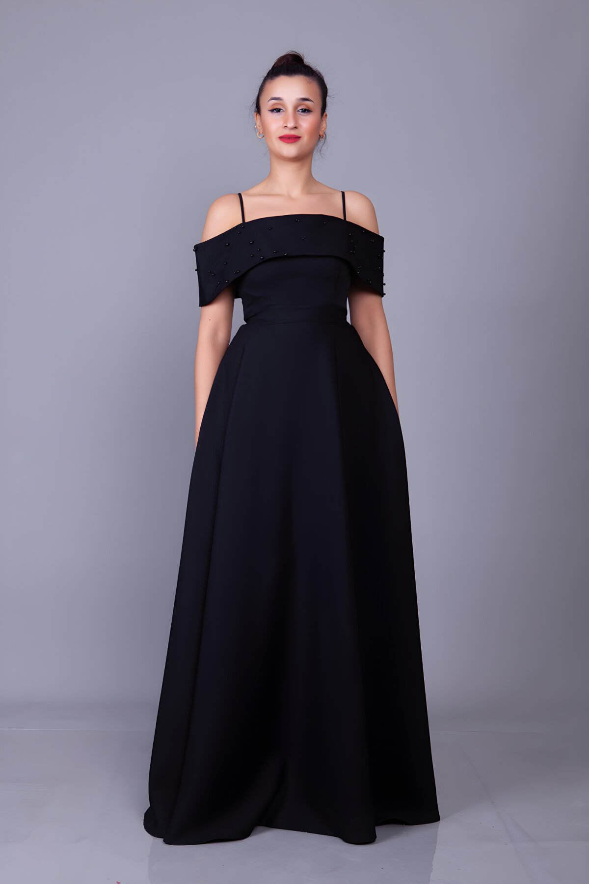Long Strappy Boat Neck Pearl Detail Evening Dress - Black - Bidoluelbise