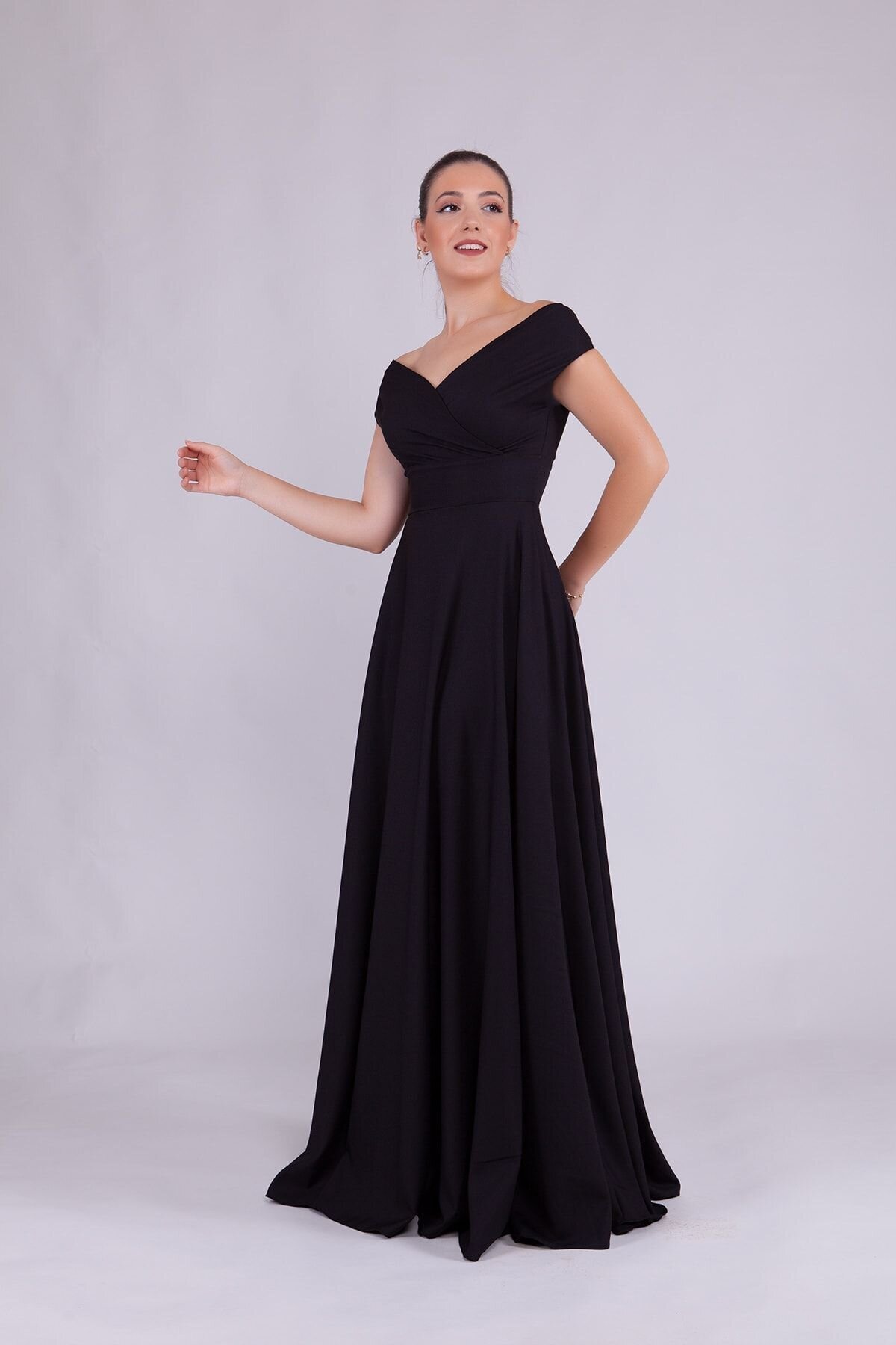 Long Flowy Flared Boat Neck Evening Dress - Black - Bidoluelbise