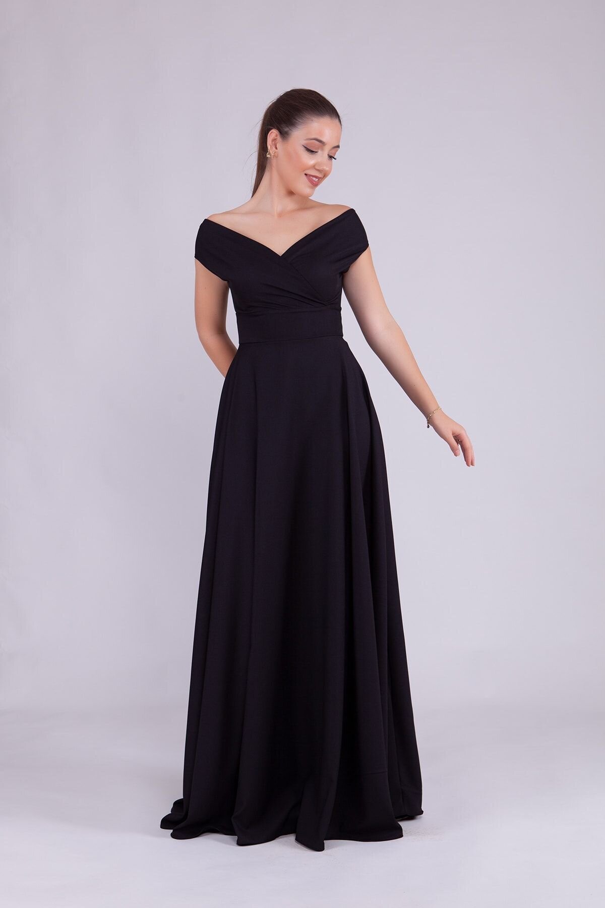 Long Flowy Flared Boat Neck Evening Dress - Black - Bidoluelbise