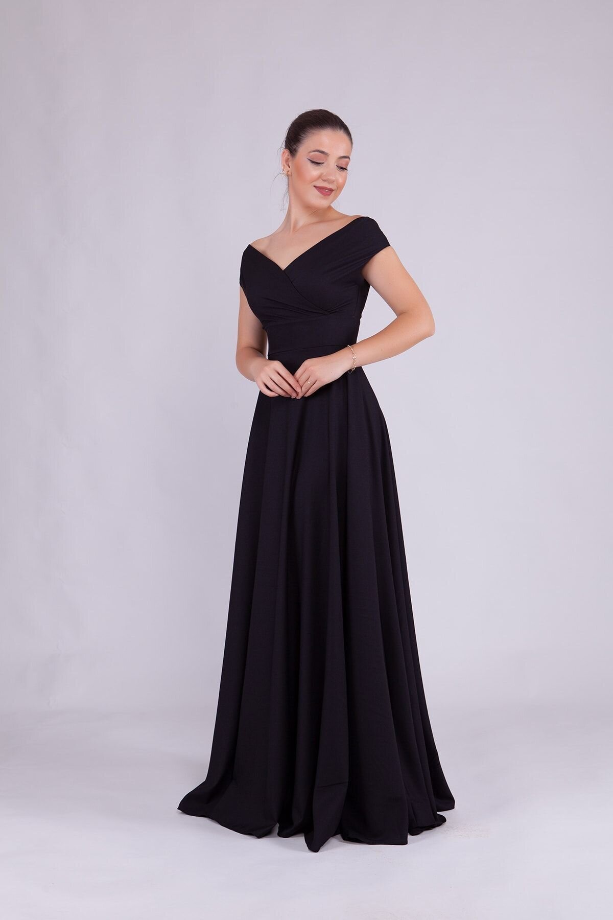 Long Flowy Flared Boat Neck Evening Dress - Black - Bidoluelbise