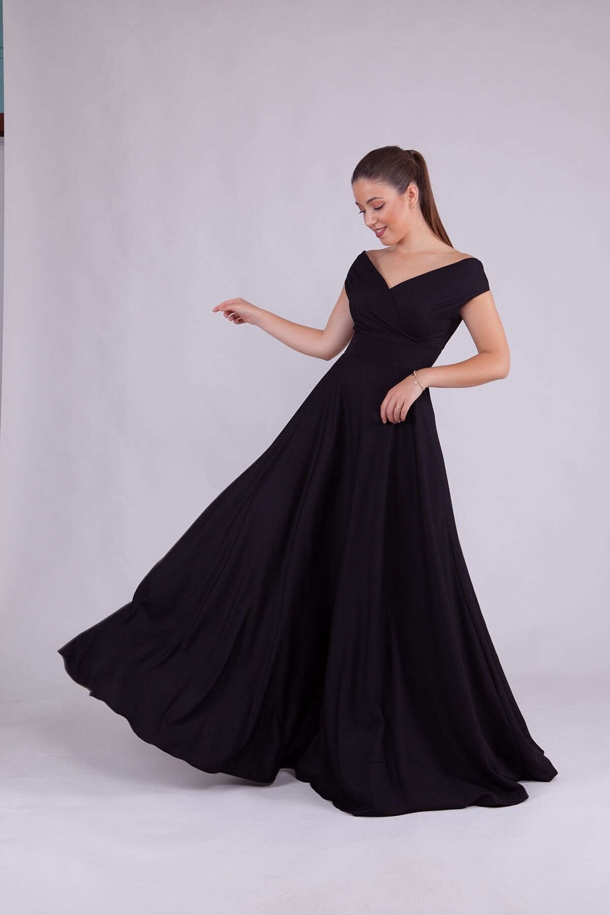 Long Flowy Flared Boat Neck Evening Dress - Black - Bidoluelbise