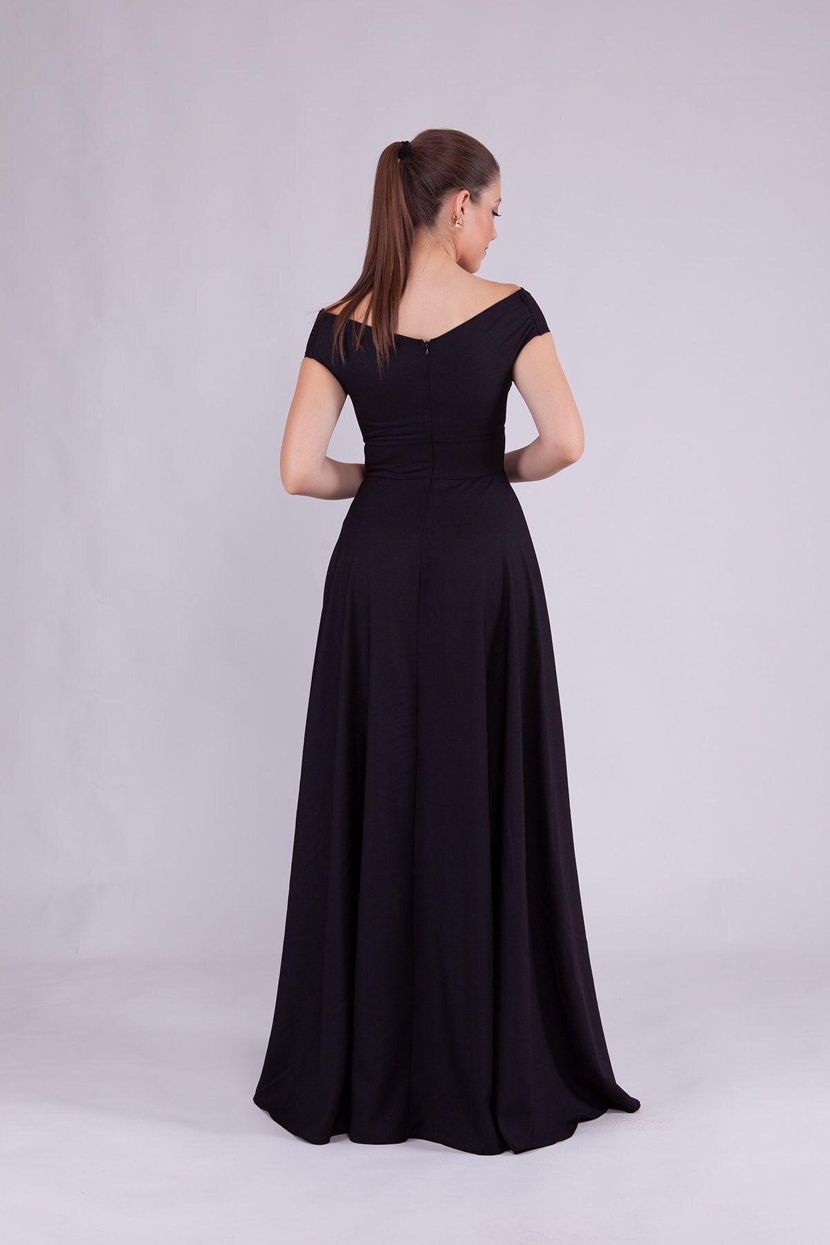 Long Flowy Flared Boat Neck Evening Dress - Black - Bidoluelbise