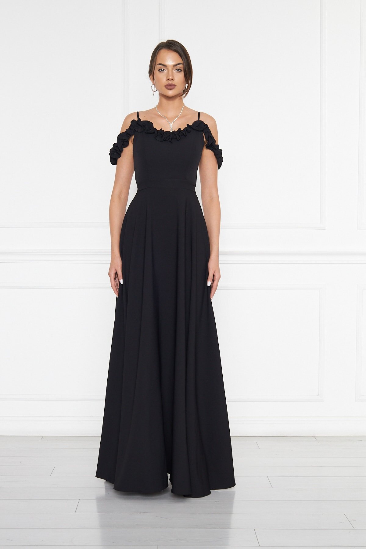 Long Flared Ruffle Detail Adjustable Straps Evening Dress - Black - Bidoluelbise
