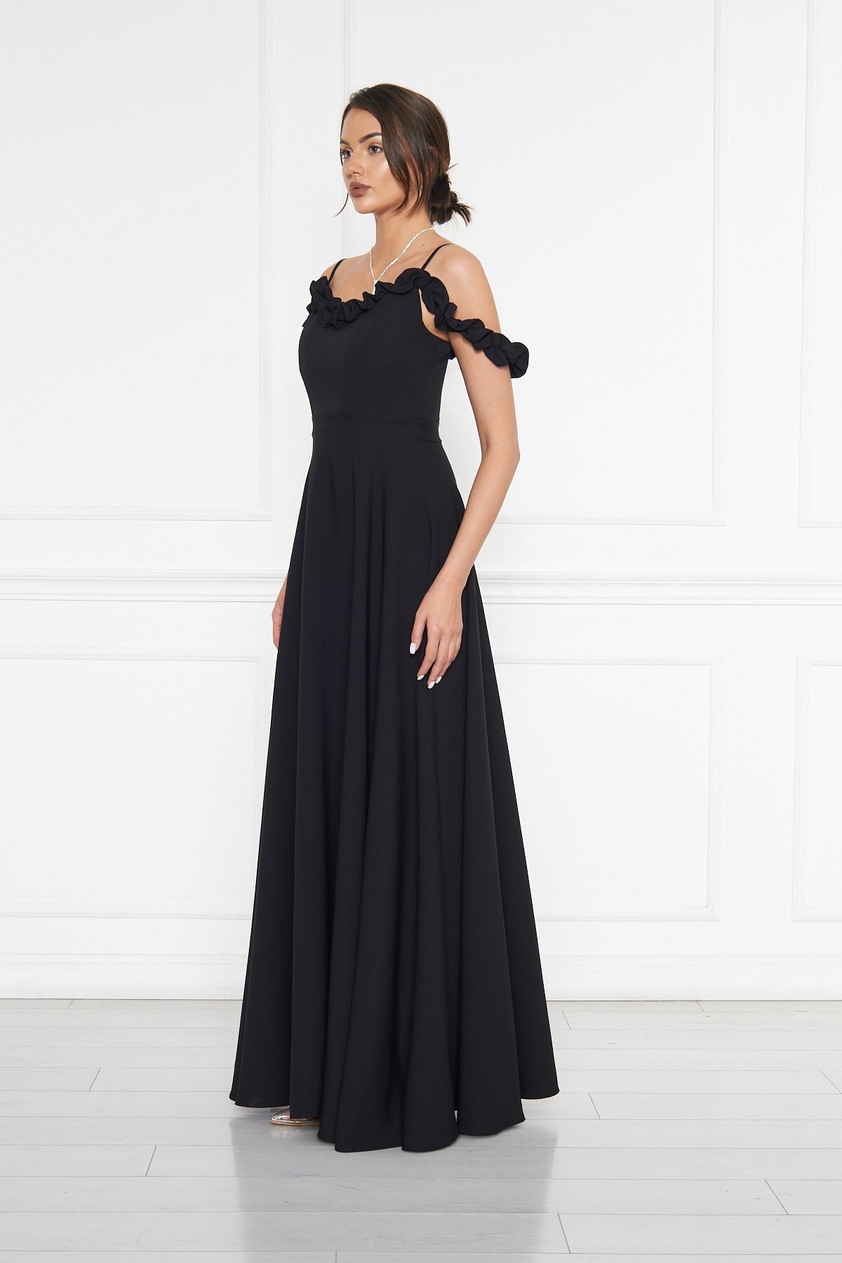 Long Flared Ruffle Detail Adjustable Straps Evening Dress - Black - Bidoluelbise
