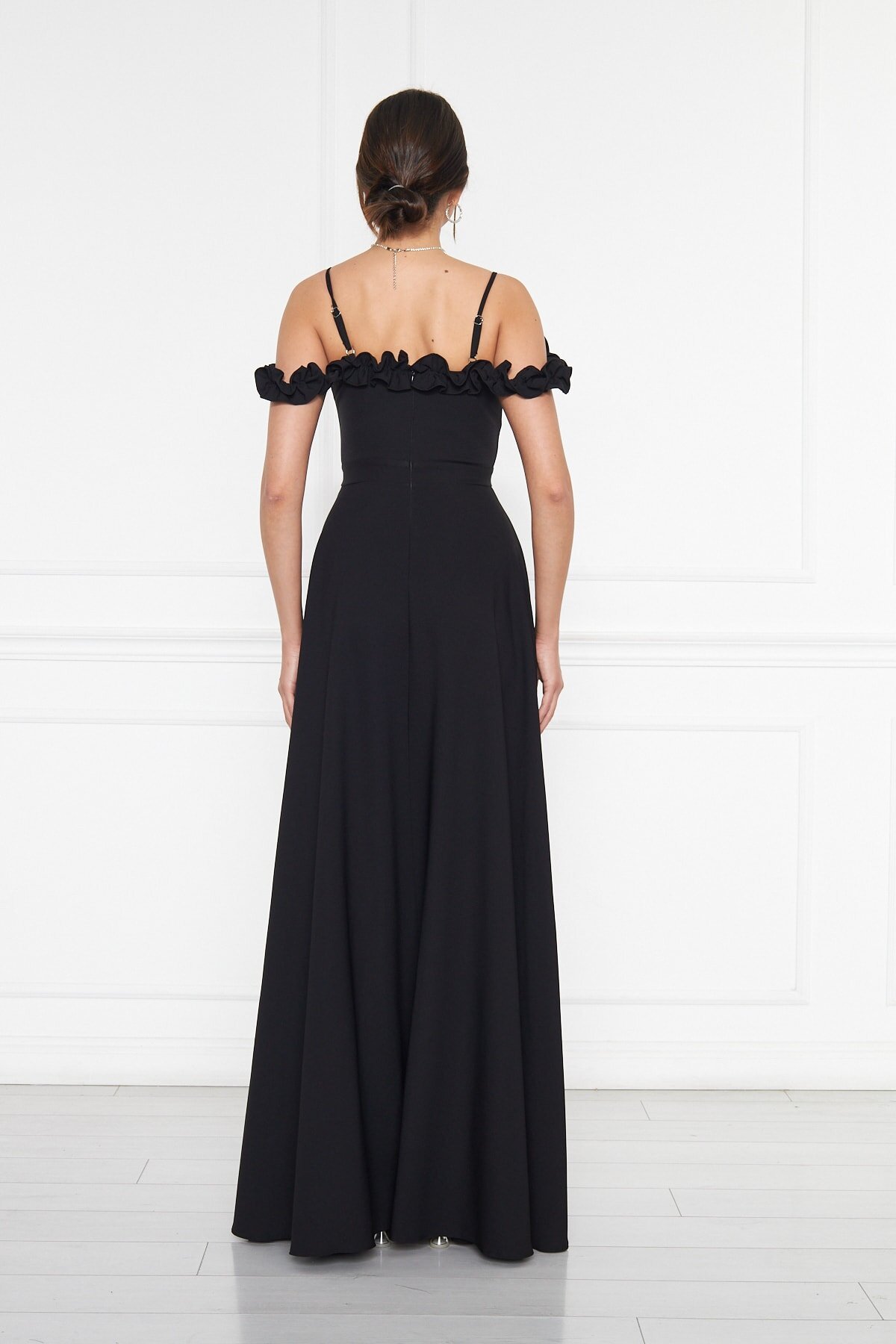 Long Flared Ruffle Detail Adjustable Straps Evening Dress - Black - Bidoluelbise