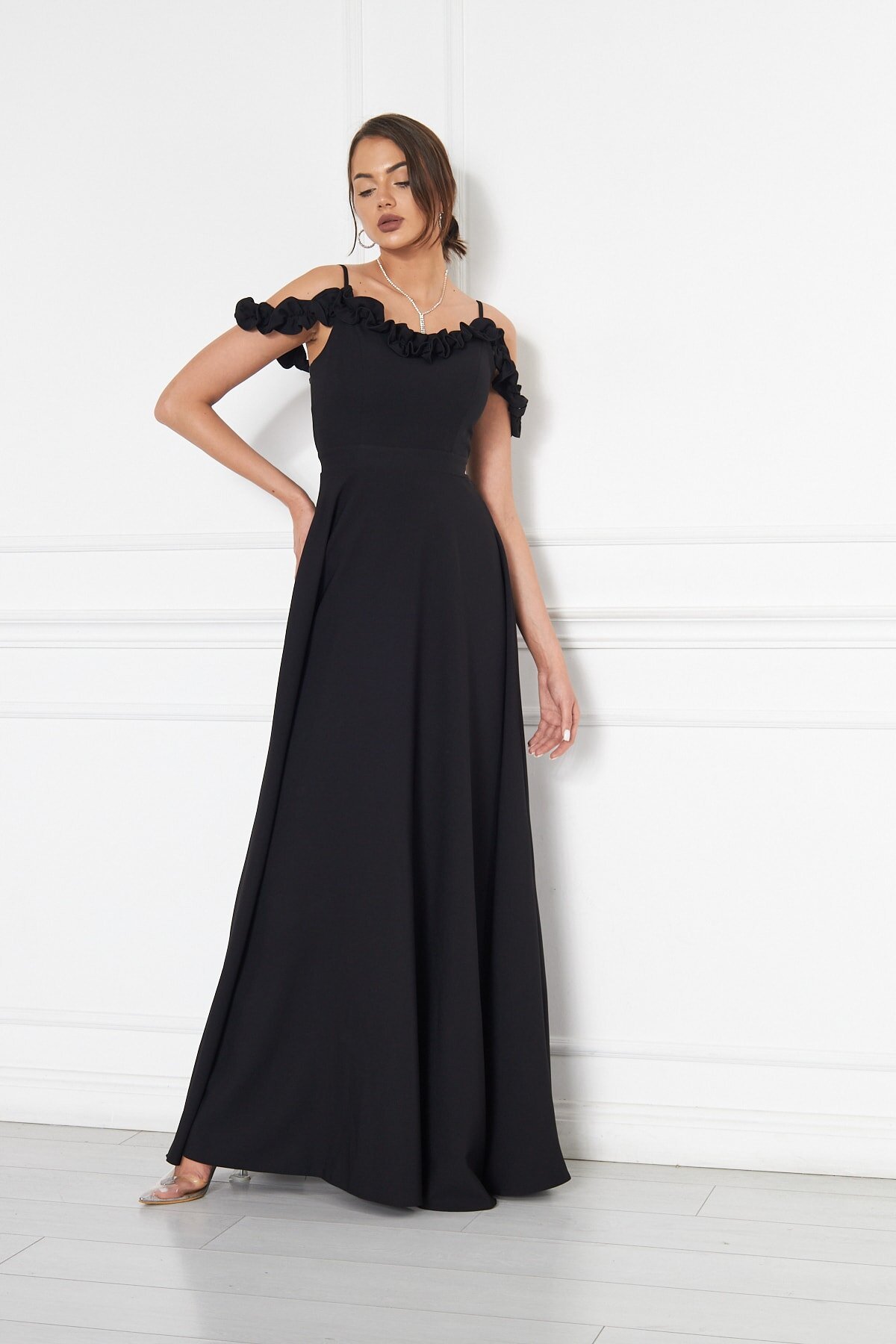 Long Flared Ruffle Detail Adjustable Straps Evening Dress - Black - Bidoluelbise
