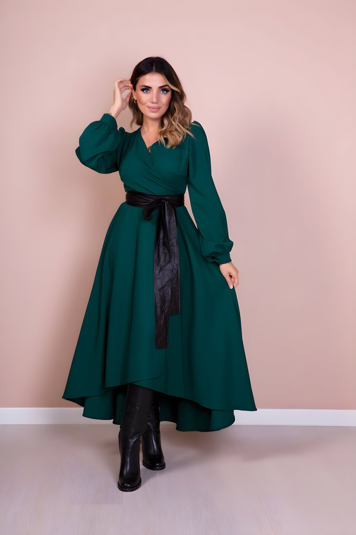 Asymmetrical Long Sleeve Leather Belted Dress - Black - Bidoluelbise