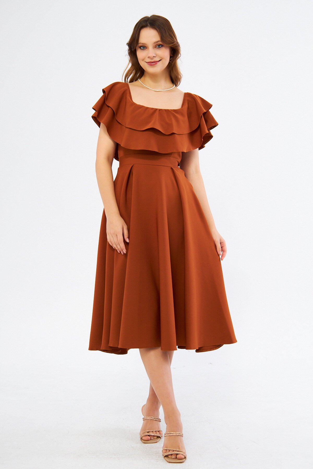 Midi Dropped-Shoulder Woven Ruffle-Neck Dress - Cinnamon - Bidoluelbise