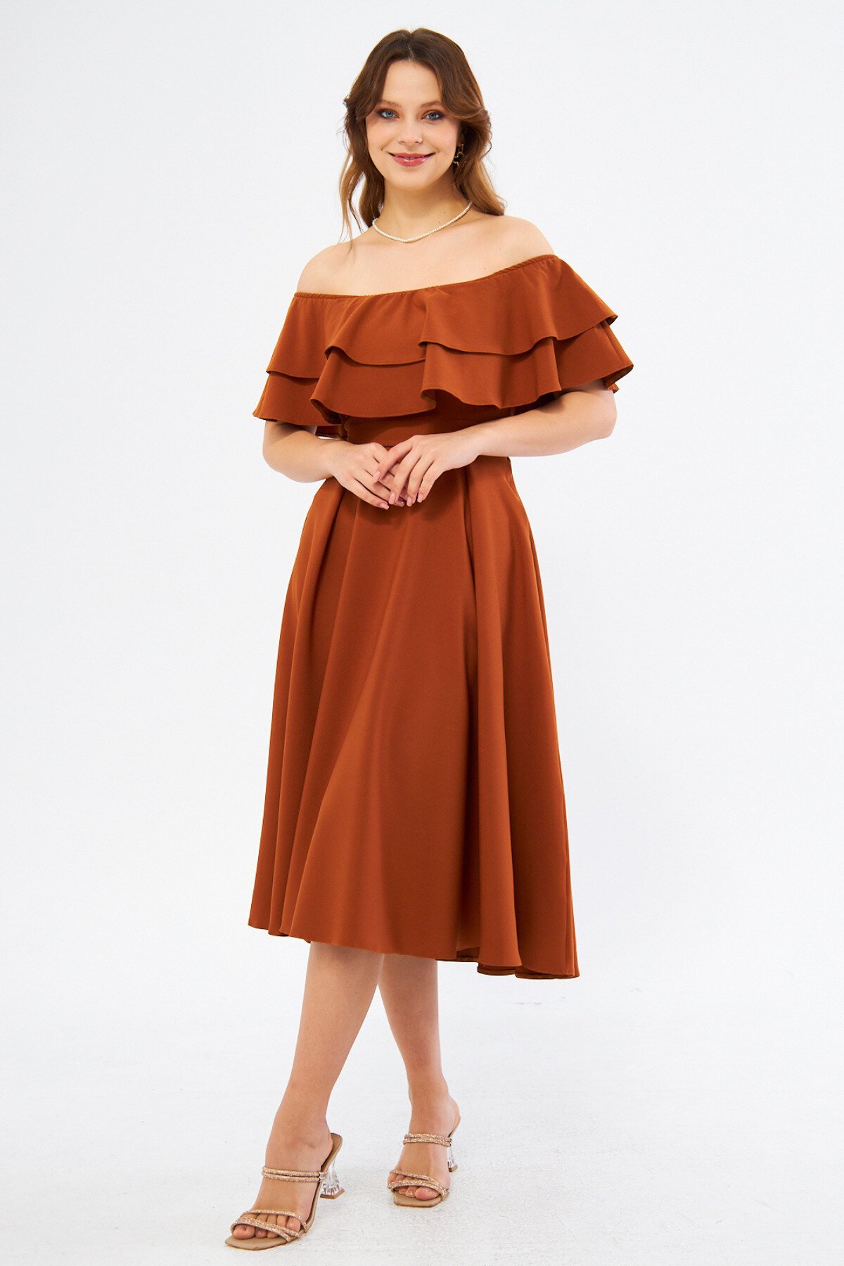 Midi Dropped-Shoulder Woven Ruffle-Neck Dress - Cinnamon - Bidoluelbise