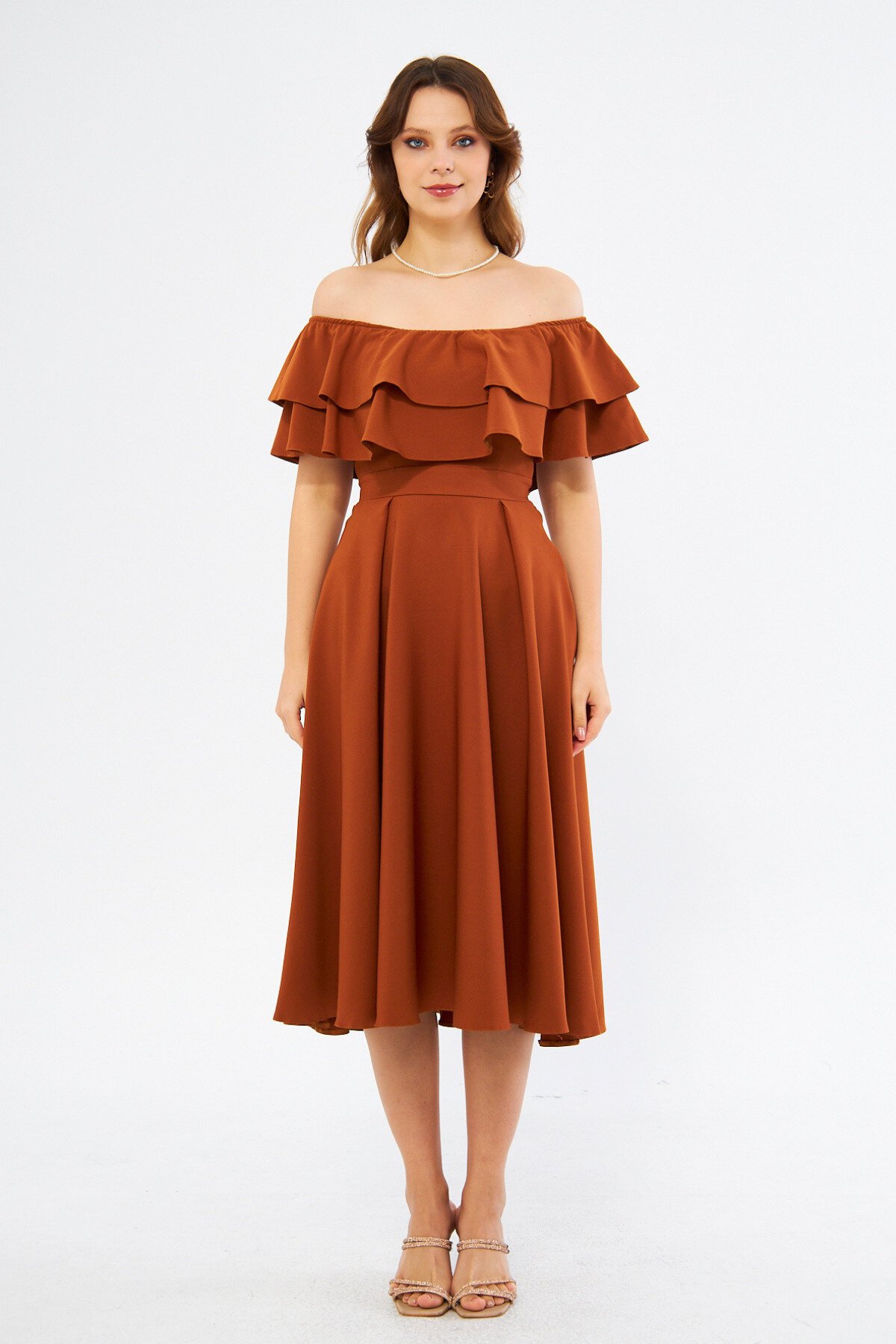Midi Dropped-Shoulder Woven Ruffle-Neck Dress - Cinnamon - Bidoluelbise