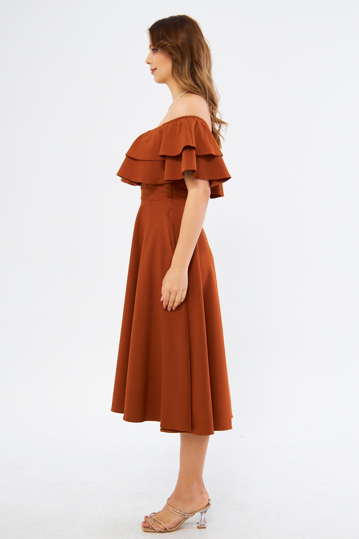 Midi Dropped-Shoulder Woven Ruffle-Neck Dress - Cinnamon - Bidoluelbise