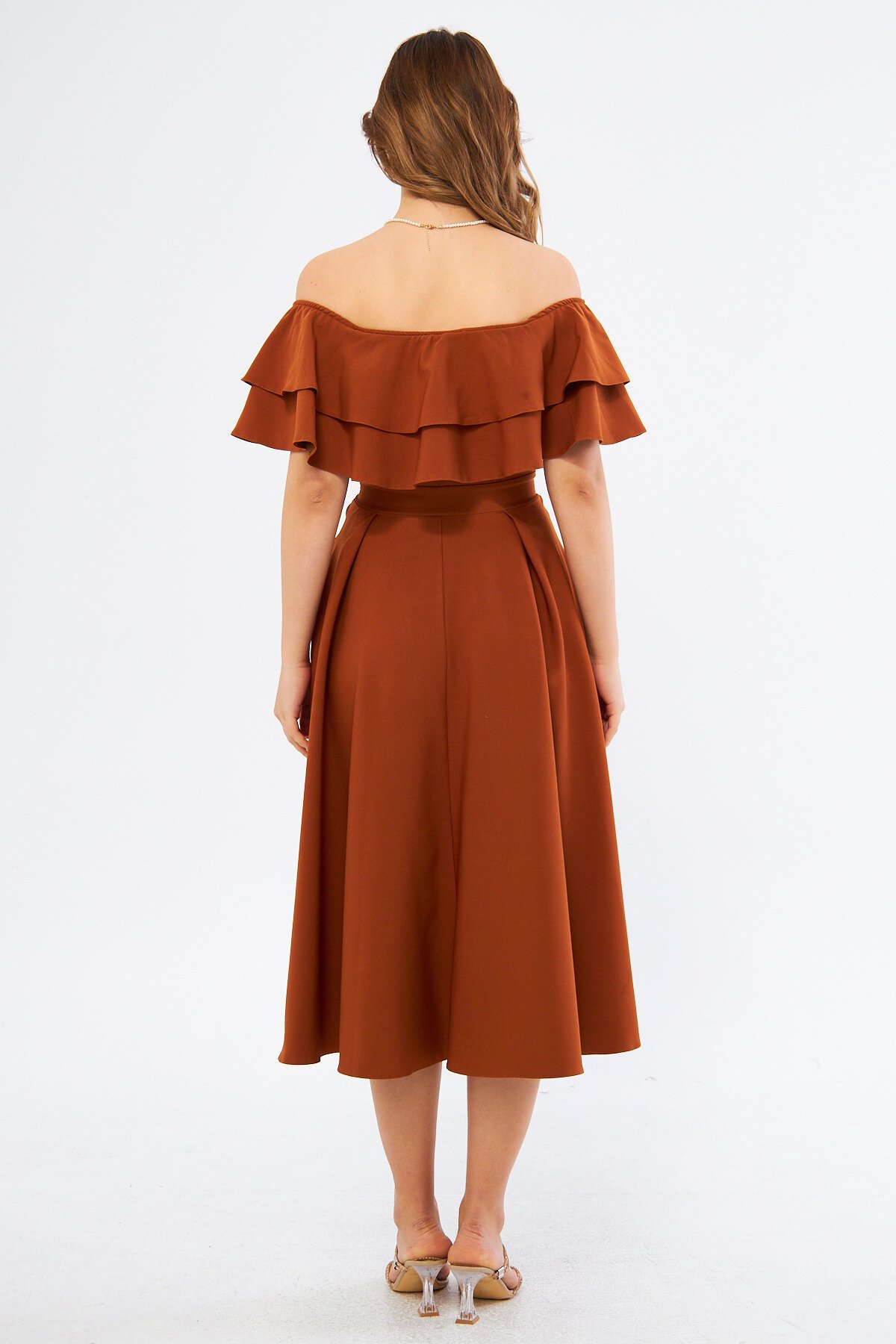 Midi Dropped-Shoulder Woven Ruffle-Neck Dress - Cinnamon - Bidoluelbise