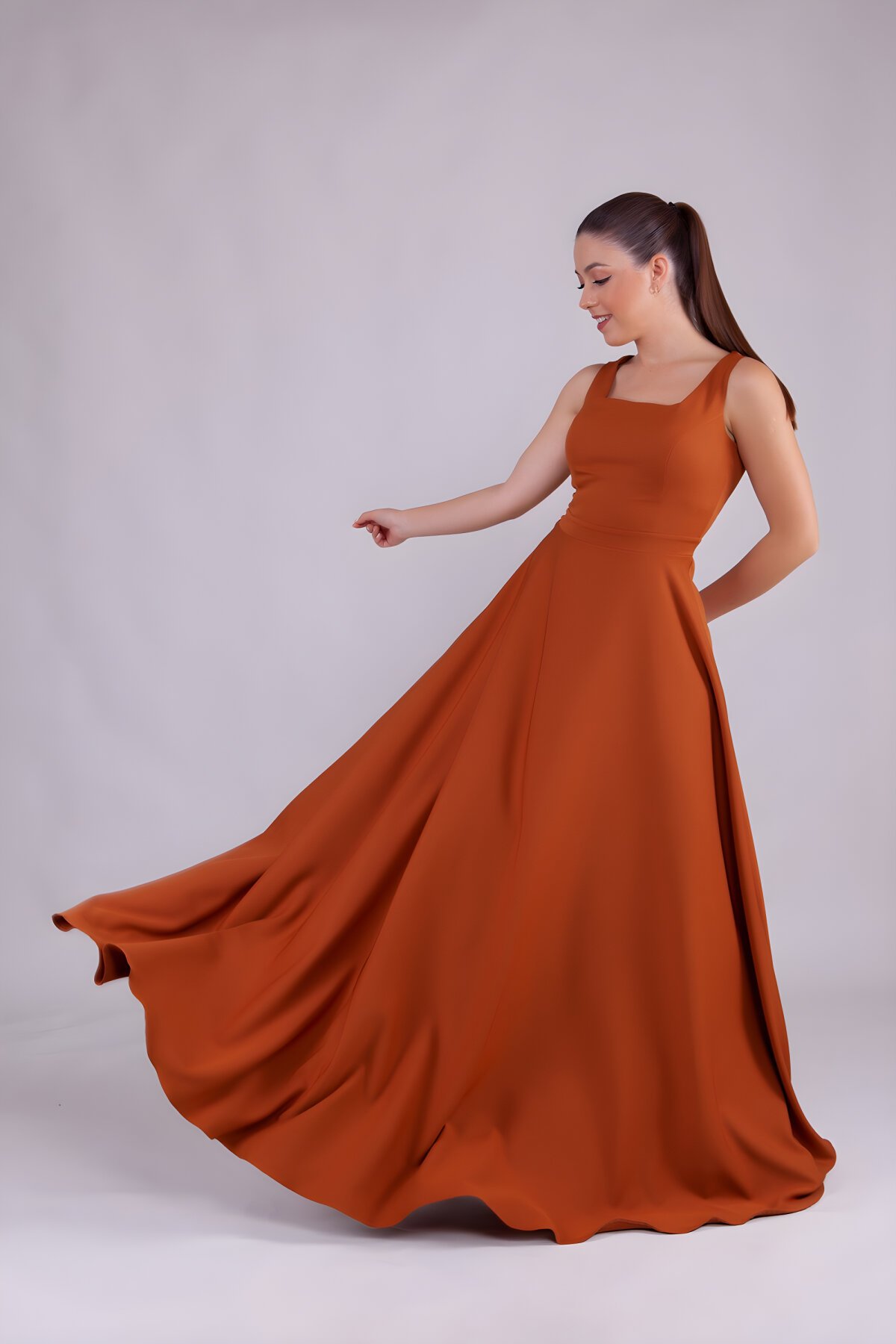 Long Square Neck Evening Dress - Cinnamon - Bidoluelbise
