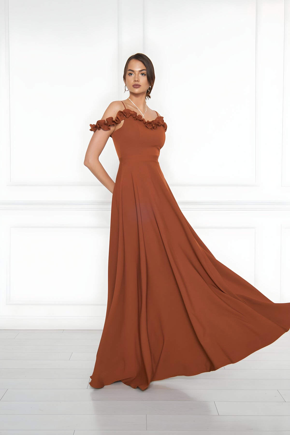 Long Flared Strapless Ruffle-Detail Evening Dress - Cinnamon - Bidoluelbise