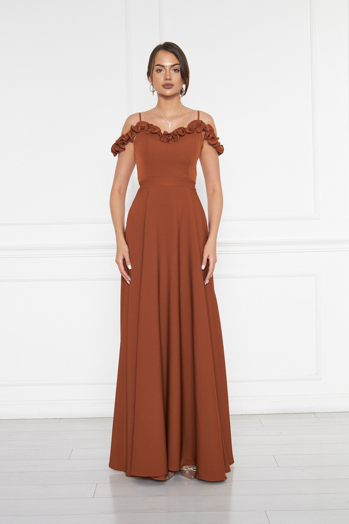 Long Flared Strapless Ruffle-Detail Evening Dress - Cinnamon - Bidoluelbise