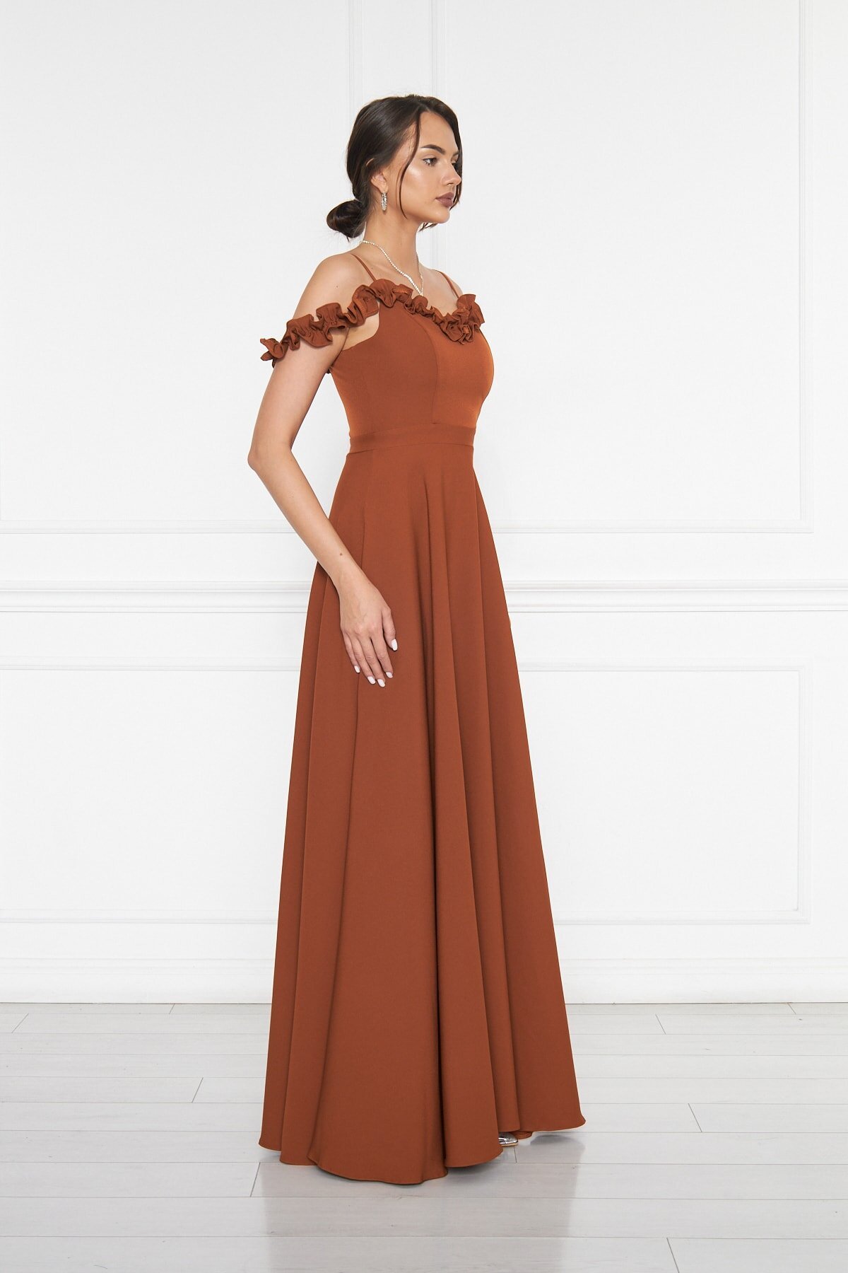 Long Flared Strapless Ruffle-Detail Evening Dress - Cinnamon - Bidoluelbise