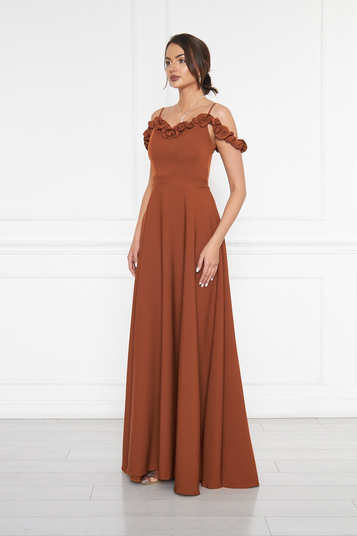 Long Flared Strapless Ruffle-Detail Evening Dress - Cinnamon - Bidoluelbise