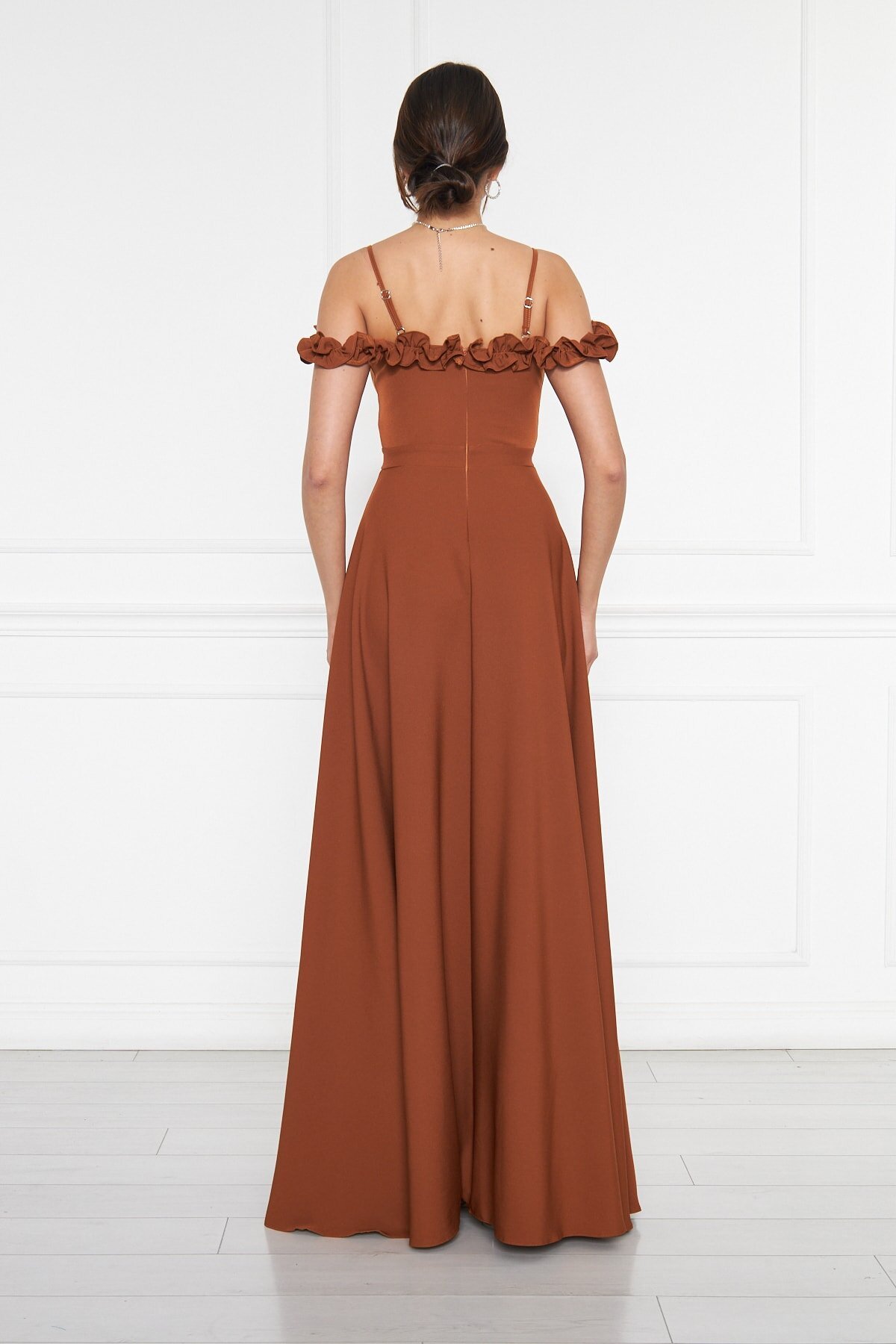 Long Flared Strapless Ruffle-Detail Evening Dress - Cinnamon - Bidoluelbise