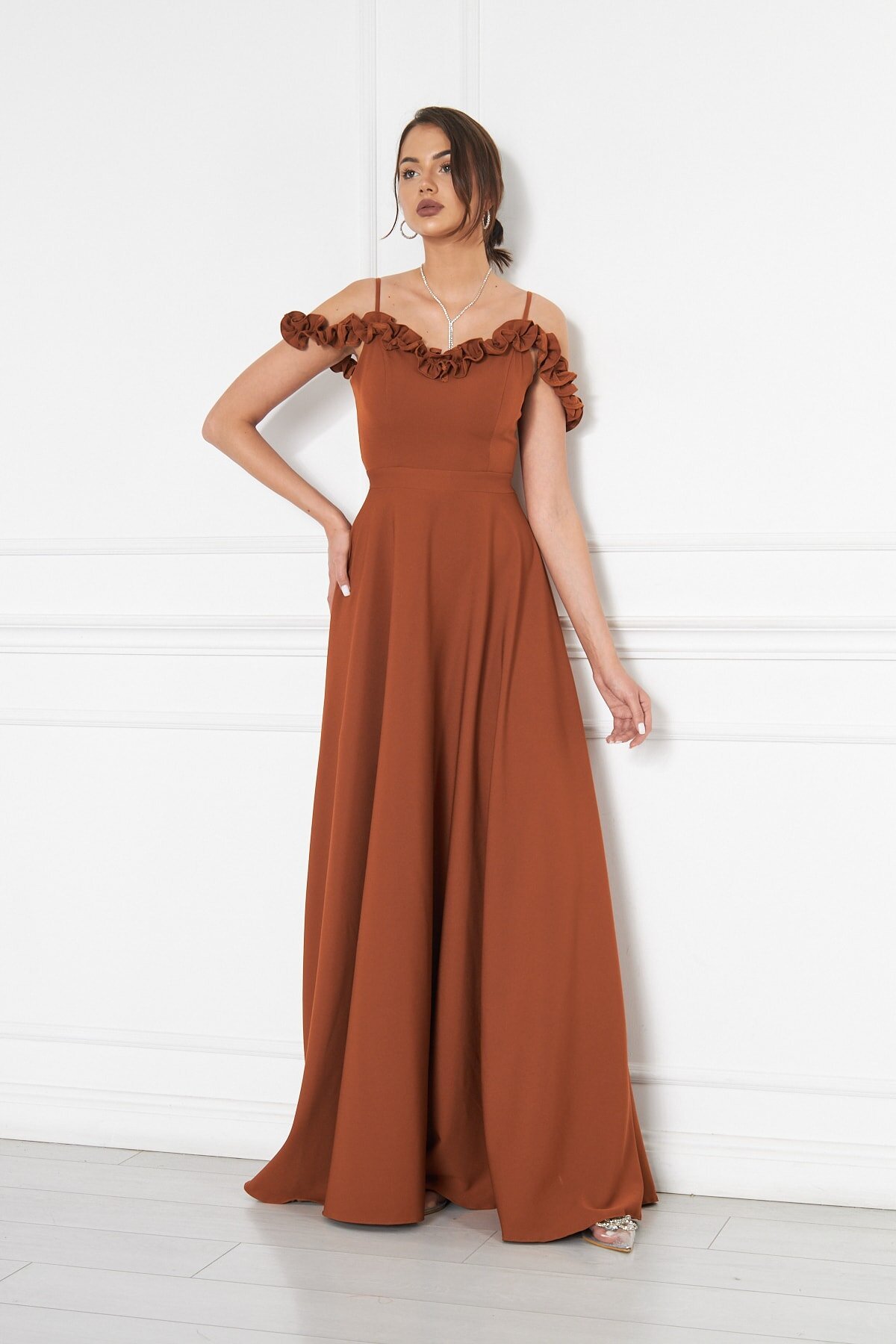 Long Flared Strapless Ruffle-Detail Evening Dress - Cinnamon - Bidoluelbise