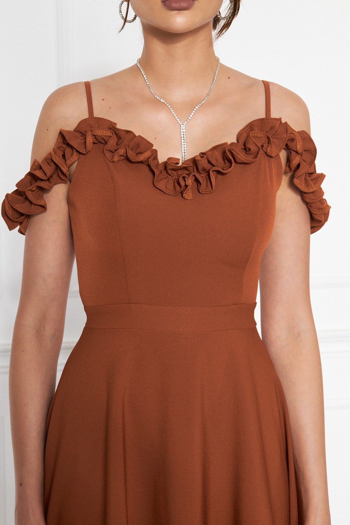 Long Flared Strapless Ruffle-Detail Evening Dress - Cinnamon - Bidoluelbise
