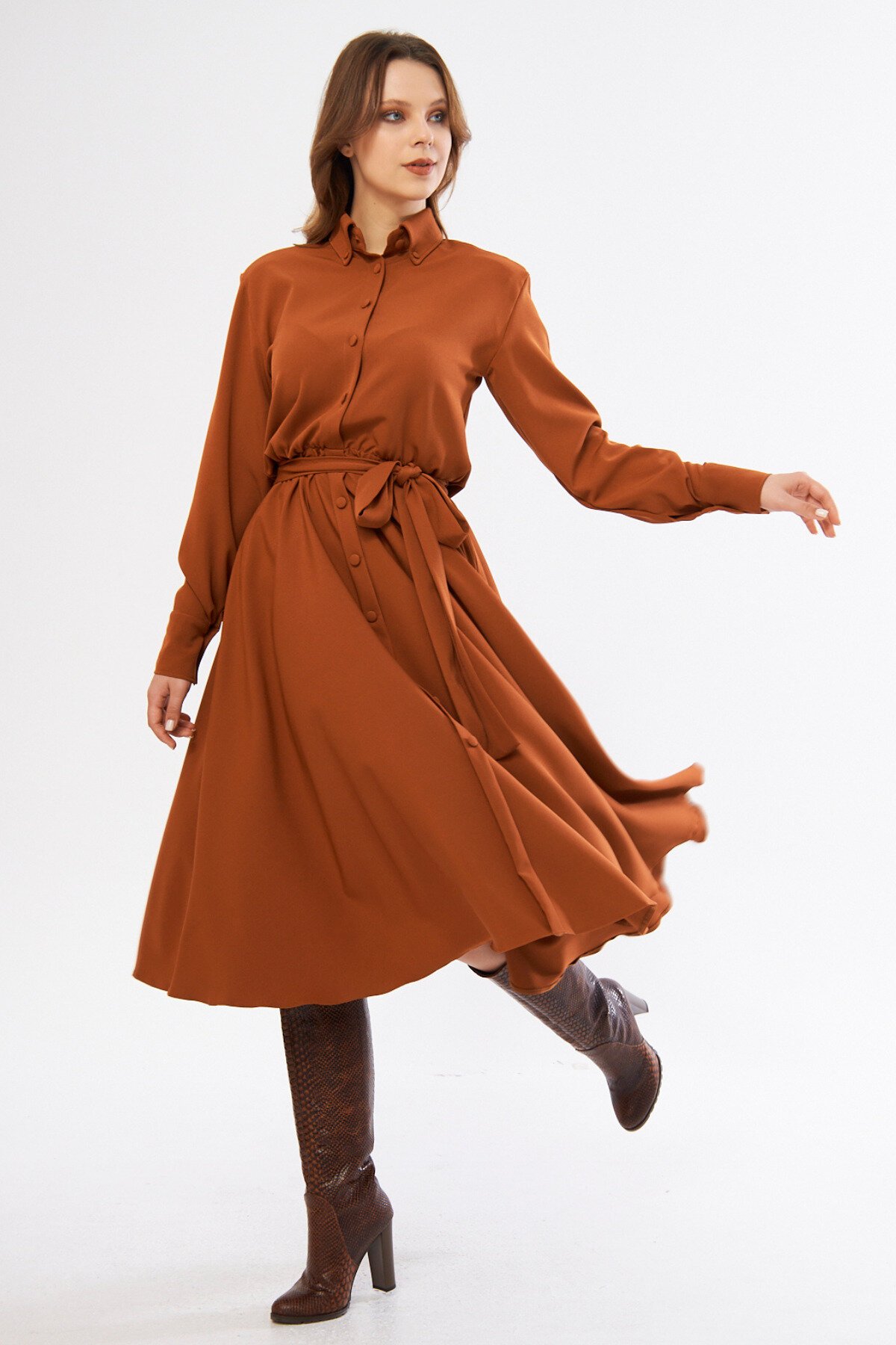 Midi Long Sleeve Elasticated Waist Belted Shirt Dress - Cinnamon - Bidoluelbise