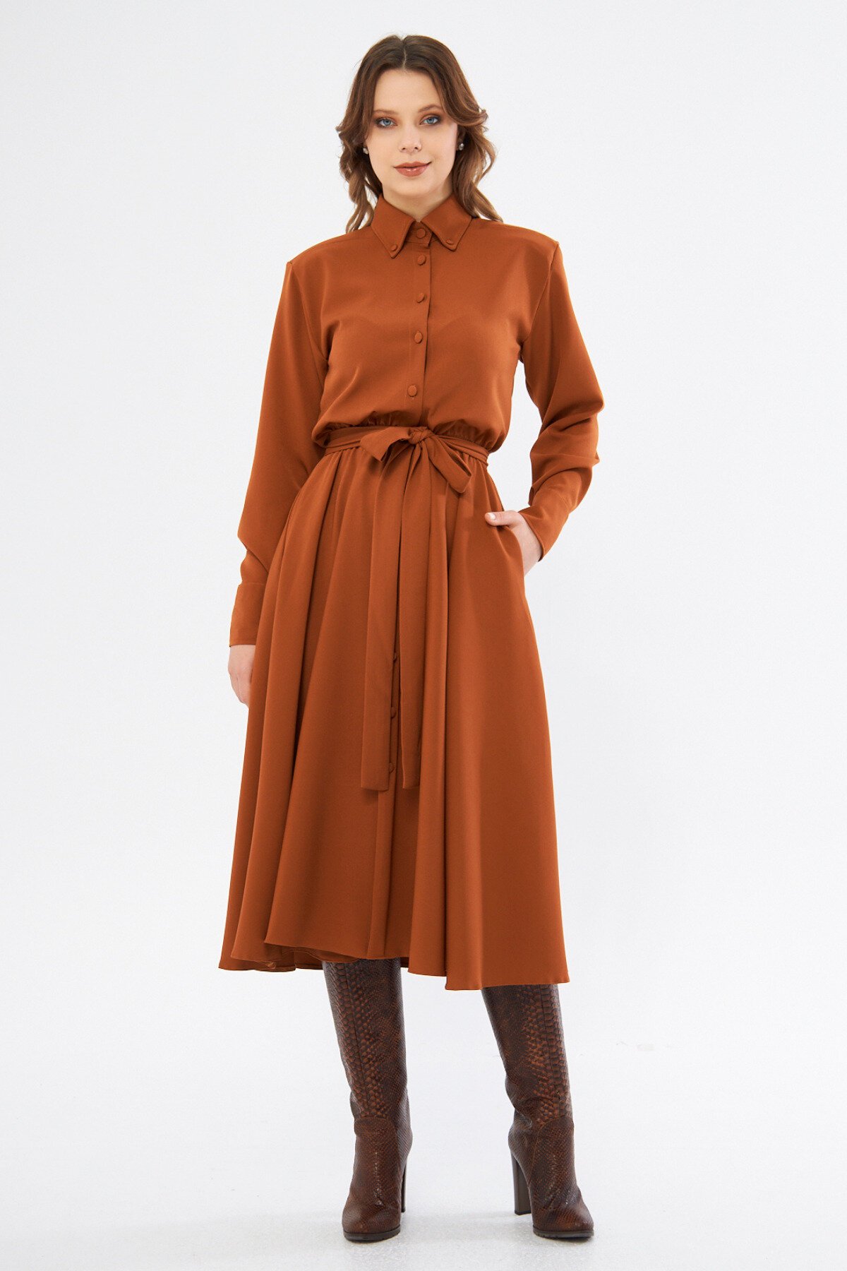 Midi Long Sleeve Elasticated Waist Belted Shirt Dress - Cinnamon - Bidoluelbise