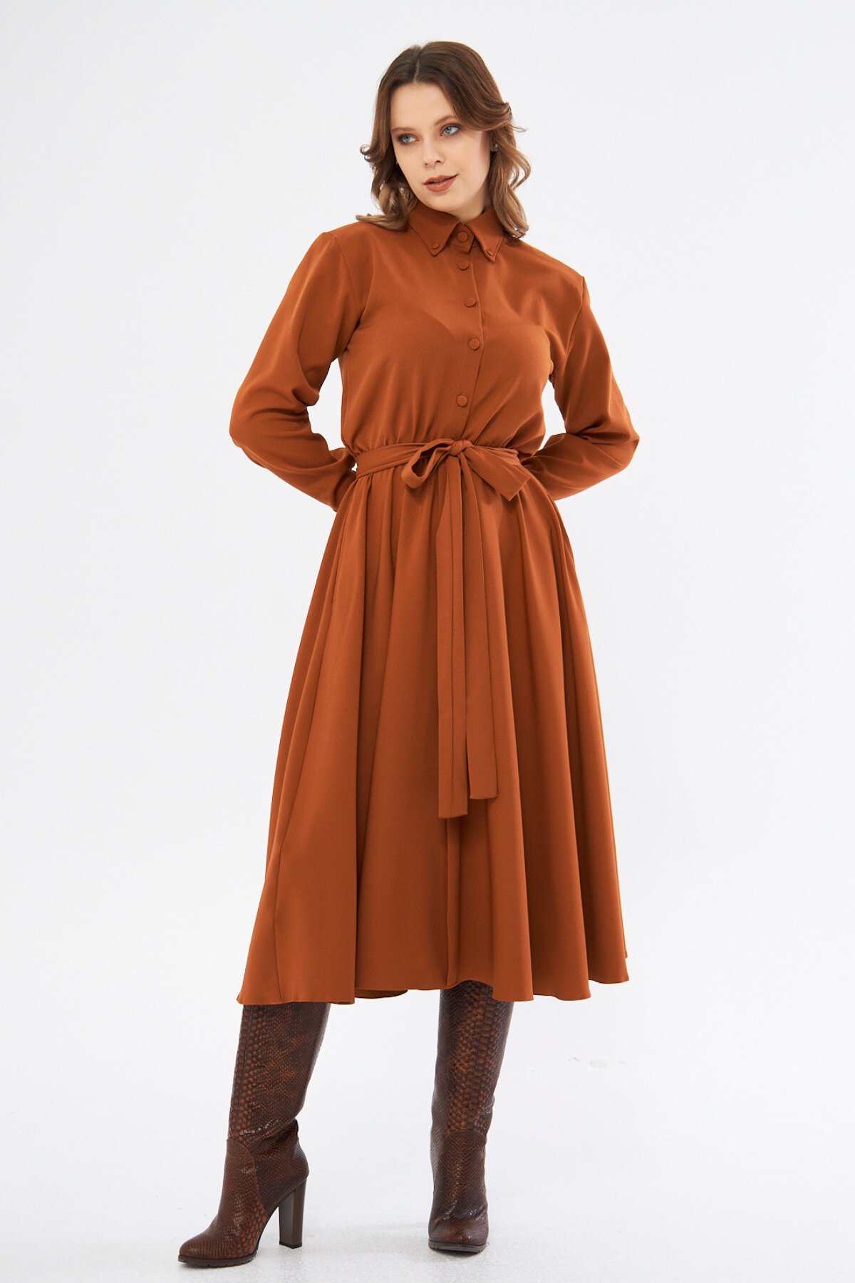 Midi Long Sleeve Elasticated Waist Belted Shirt Dress - Cinnamon - Bidoluelbise