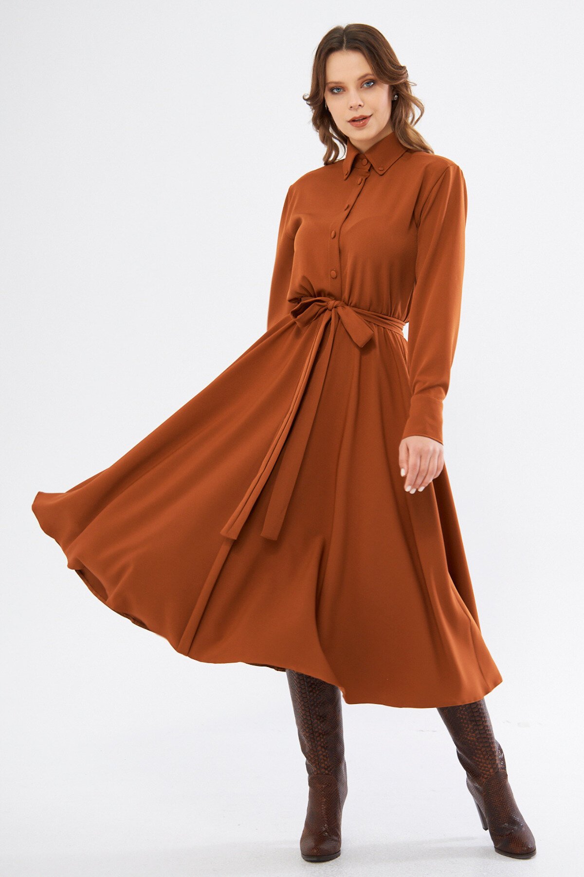 Midi Long Sleeve Elasticated Waist Belted Shirt Dress - Cinnamon - Bidoluelbise