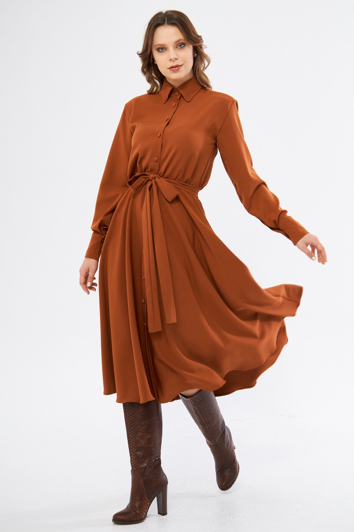 Midi Long Sleeve Elasticated Waist Belted Shirt Dress - Cinnamon - Bidoluelbise