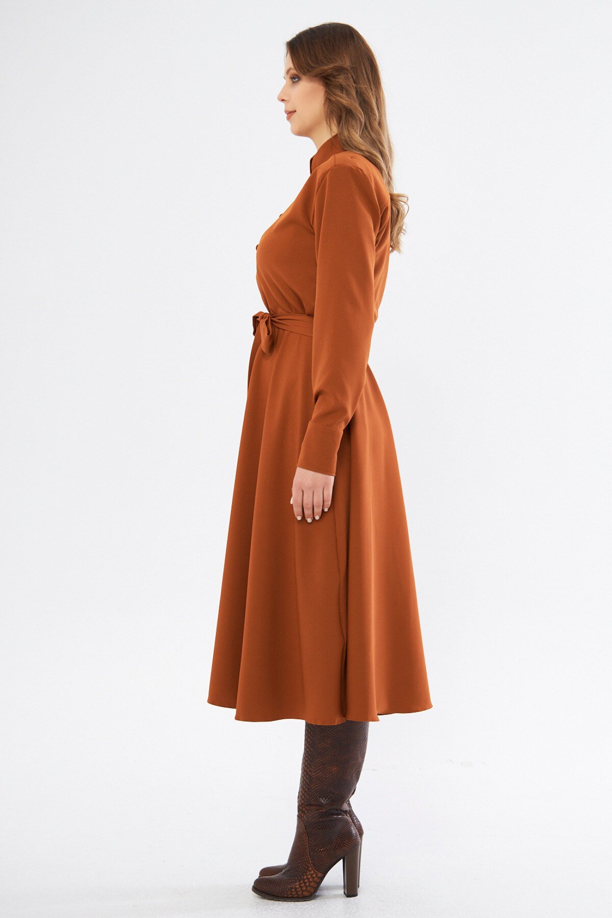 Midi Long Sleeve Elasticated Waist Belted Shirt Dress - Cinnamon - Bidoluelbise