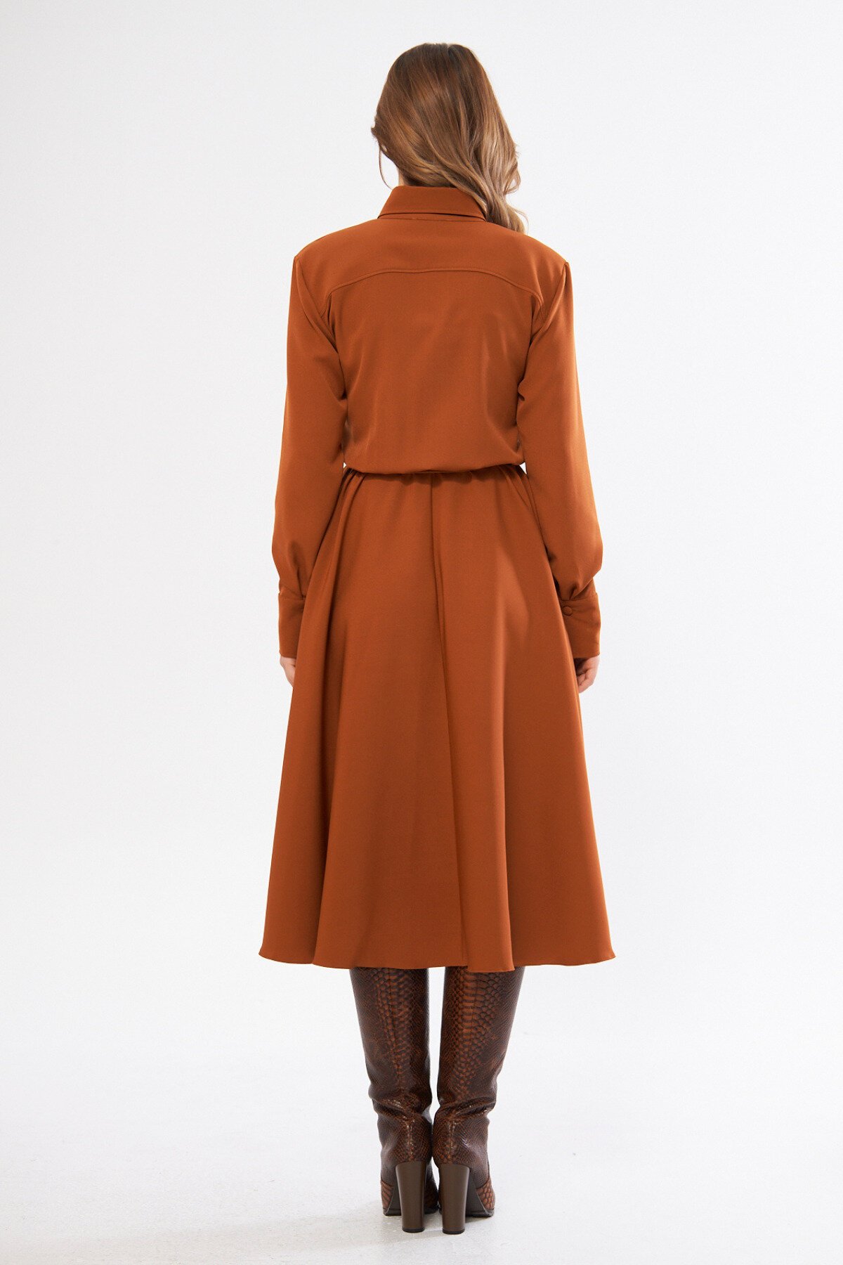 Midi Long Sleeve Elasticated Waist Belted Shirt Dress - Cinnamon - Bidoluelbise