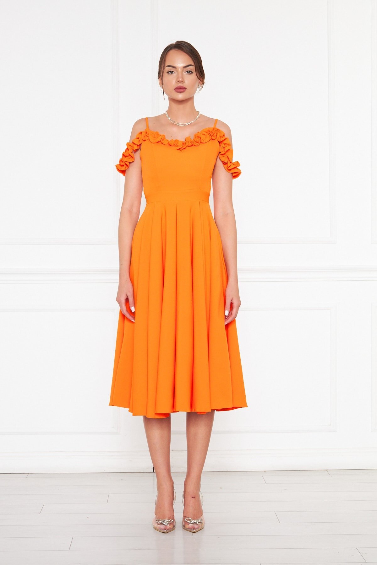 Midi Flared Pleated Adjustable Strap Ruffle Detail Evening Dress - Orange - Bidoluelbise