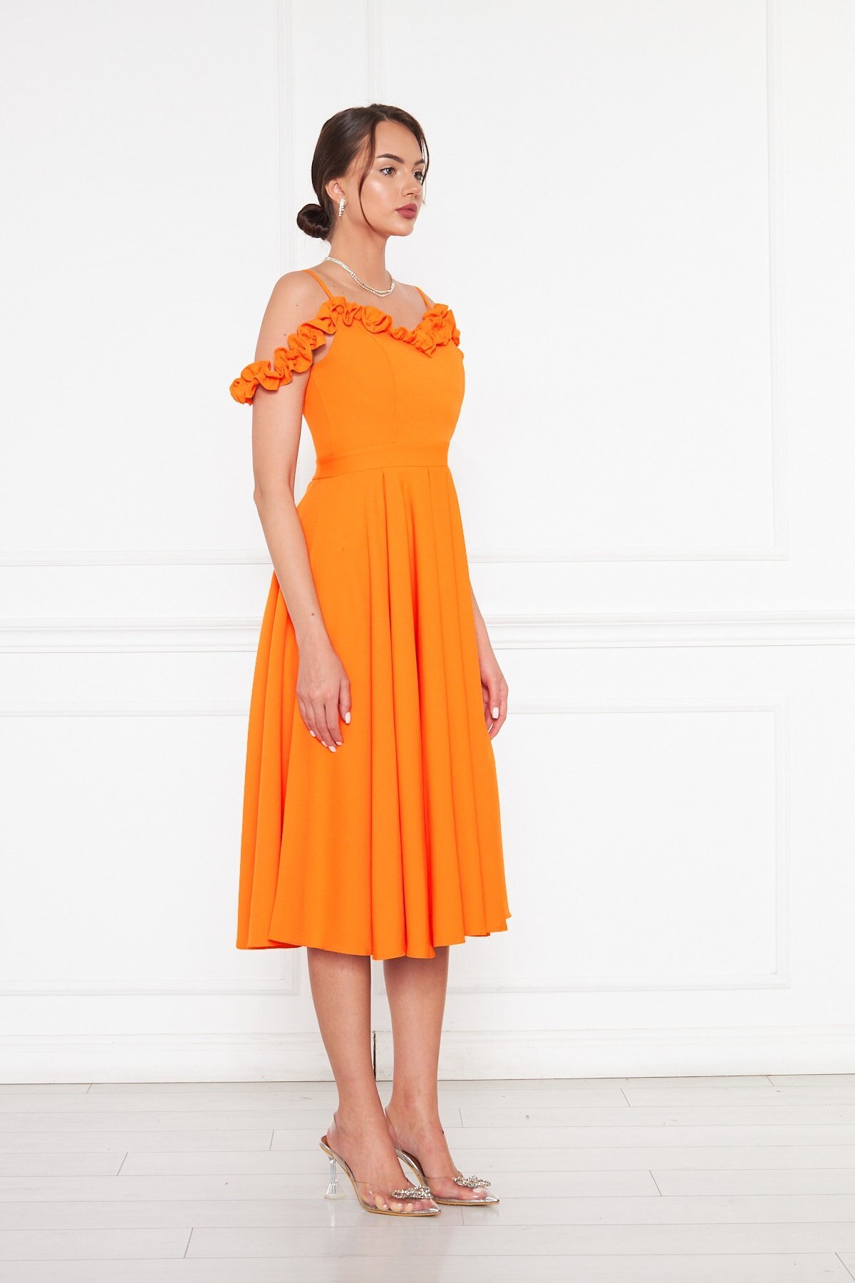Midi Flared Pleated Adjustable Strap Ruffle Detail Evening Dress - Orange - Bidoluelbise