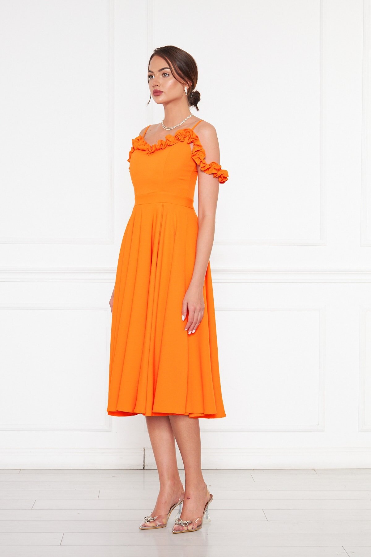 Midi Flared Pleated Adjustable Strap Ruffle Detail Evening Dress - Orange - Bidoluelbise