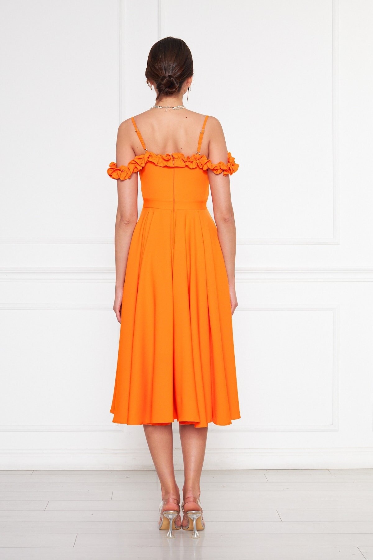 Midi Flared Pleated Adjustable Strap Ruffle Detail Evening Dress - Orange - Bidoluelbise