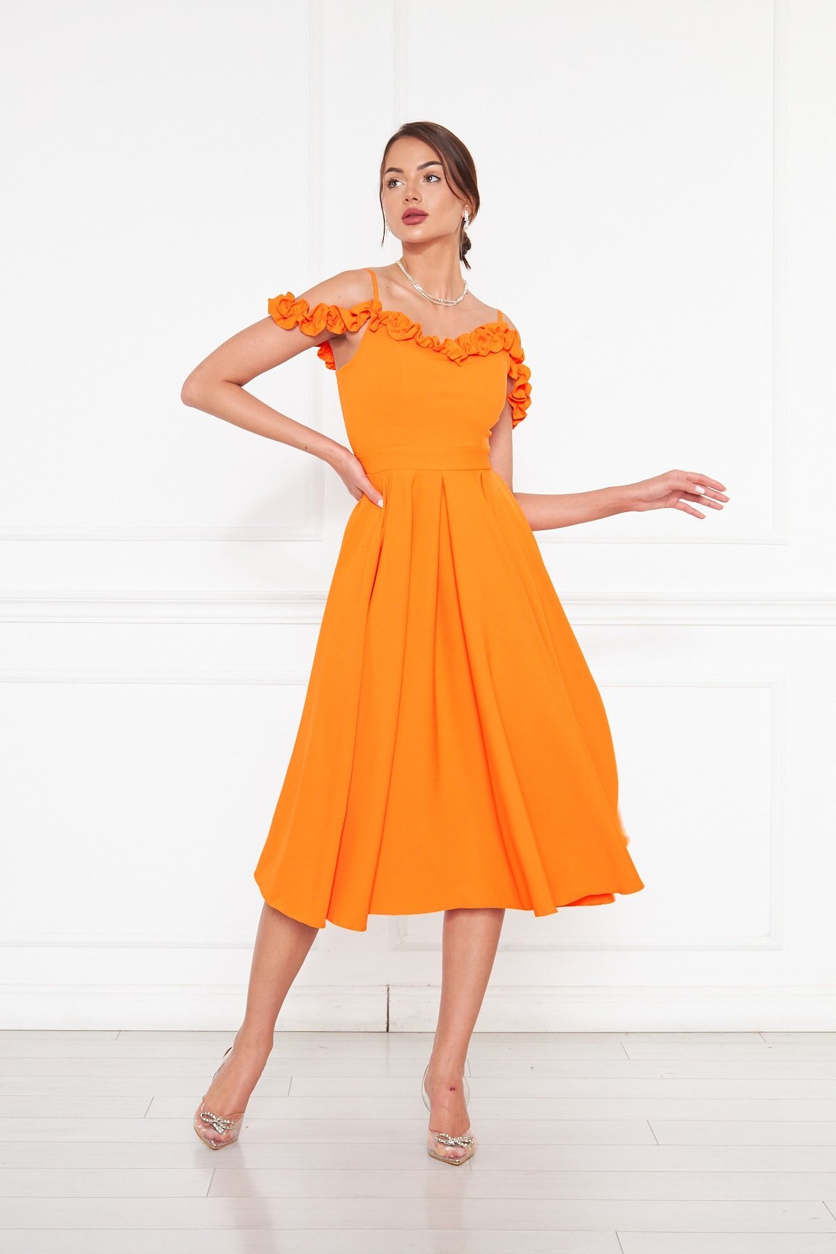 Midi Flared Pleated Adjustable Strap Ruffle Detail Evening Dress - Orange - Bidoluelbise
