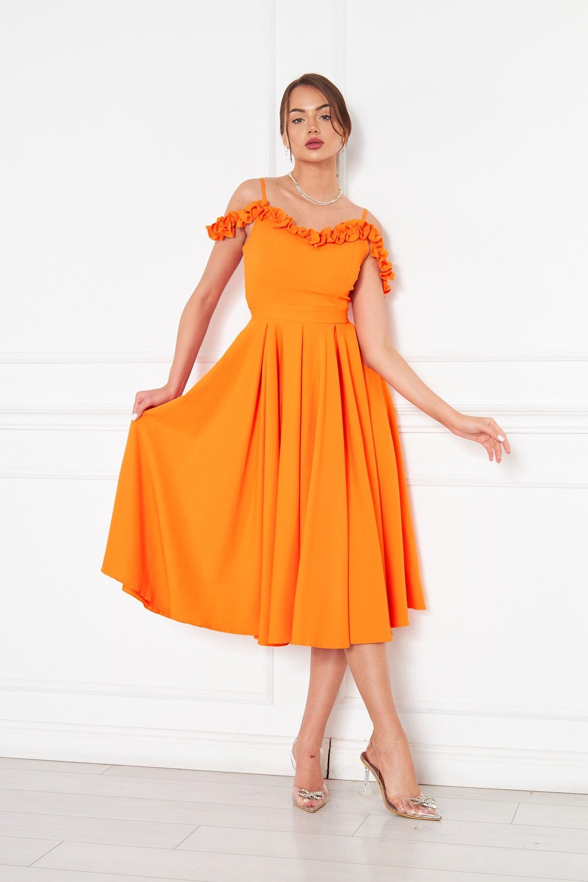 Midi Flared Pleated Adjustable Strap Ruffle Detail Evening Dress - Orange - Bidoluelbise