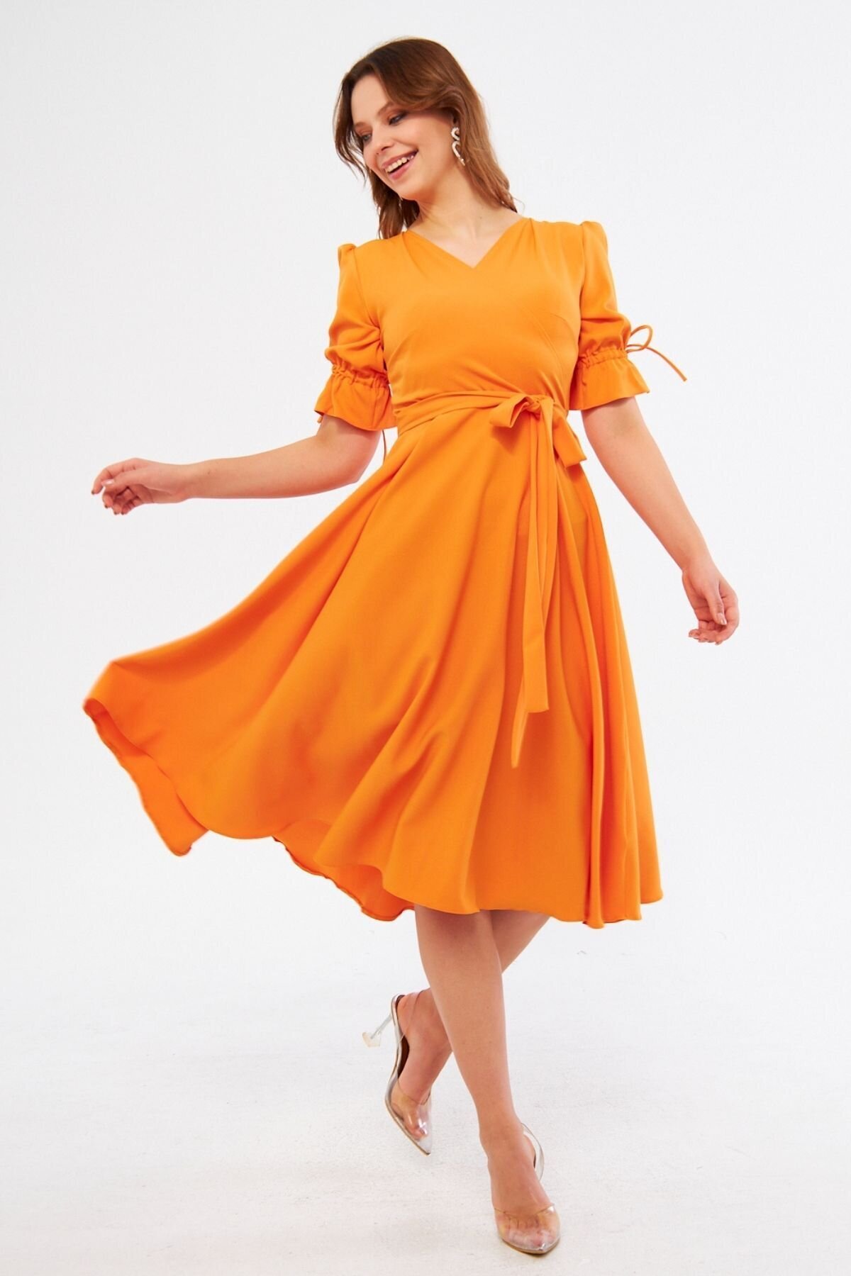 Midi Belted Wrap Dress with Shirred Elasticated Sleeves - Orange - Bidoluelbise