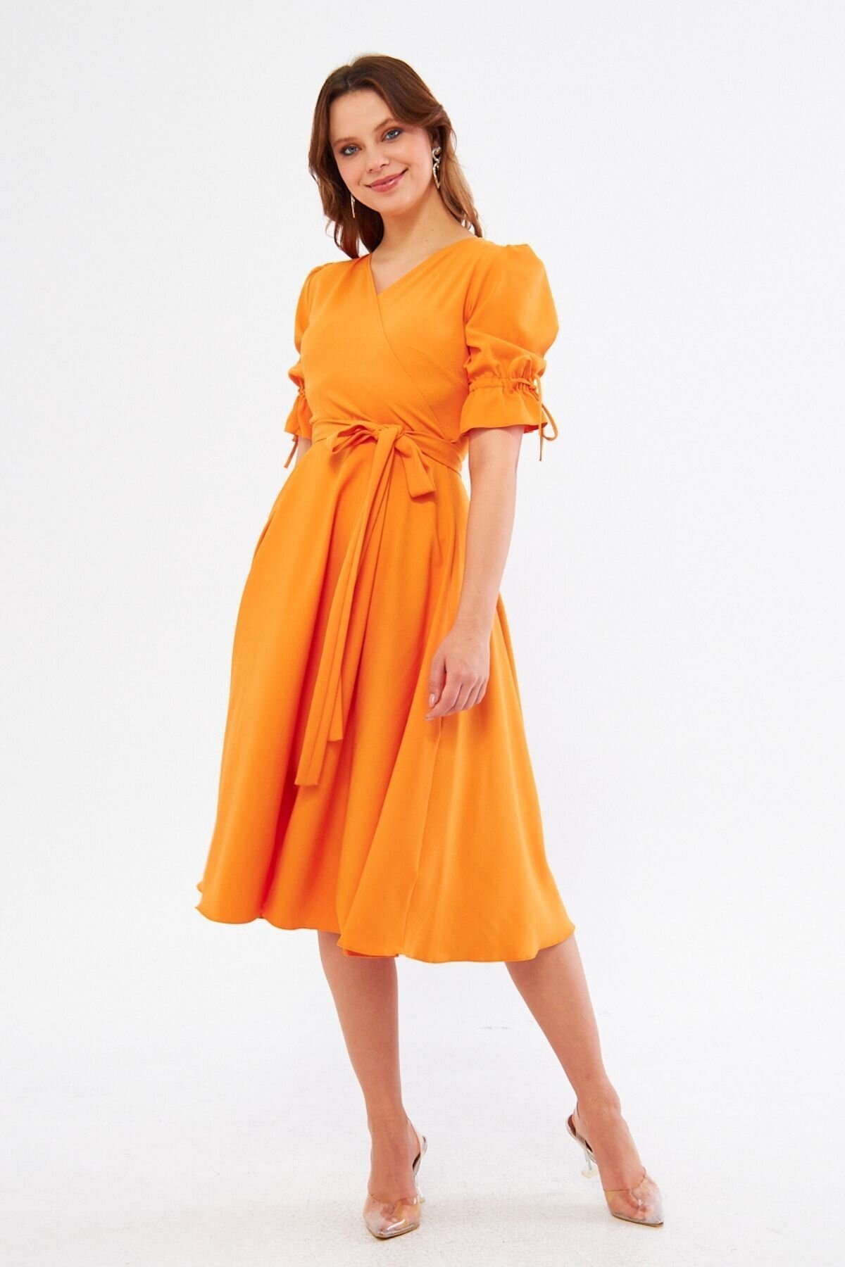 Midi Belted Wrap Dress with Shirred Elasticated Sleeves - Orange - Bidoluelbise