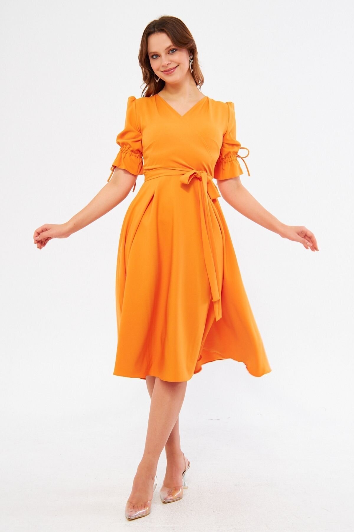 Midi Belted Wrap Dress with Shirred Elasticated Sleeves - Orange - Bidoluelbise