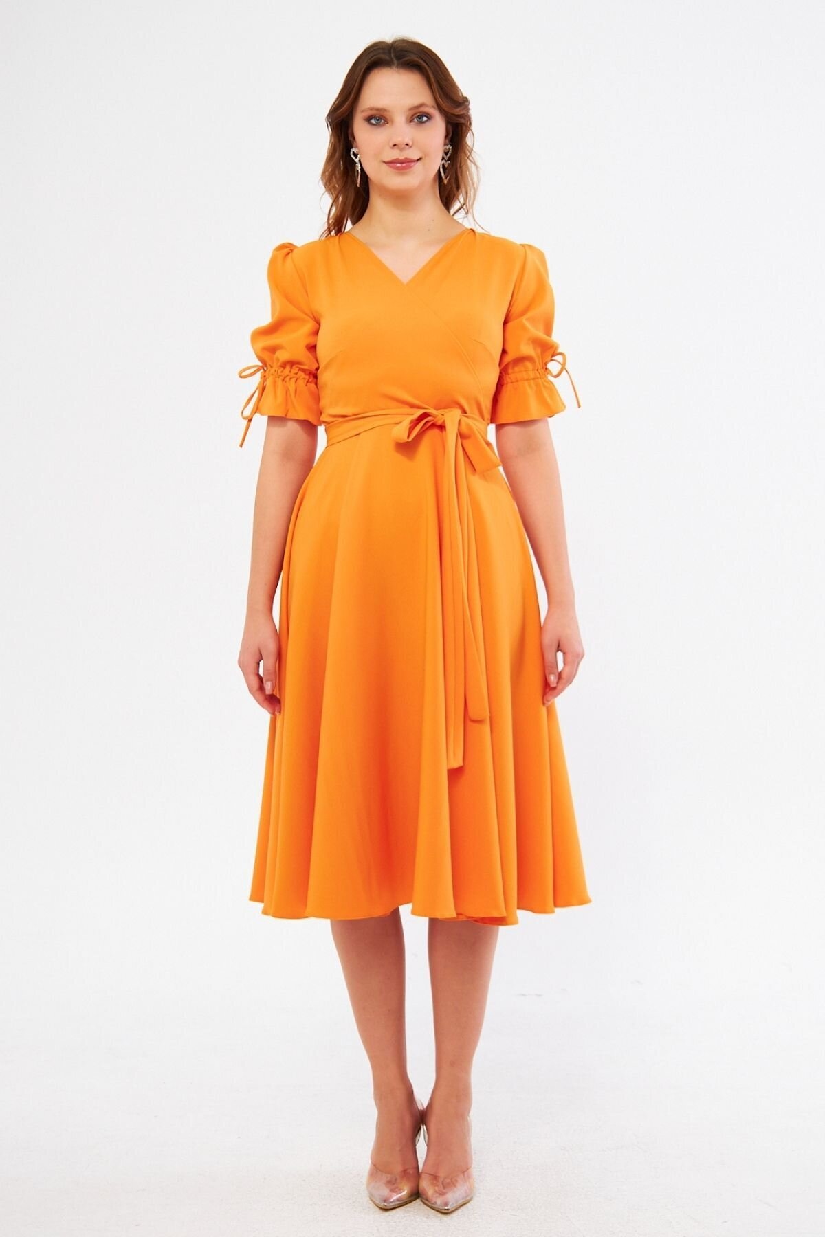 Midi Belted Wrap Dress with Shirred Elasticated Sleeves - Orange - Bidoluelbise