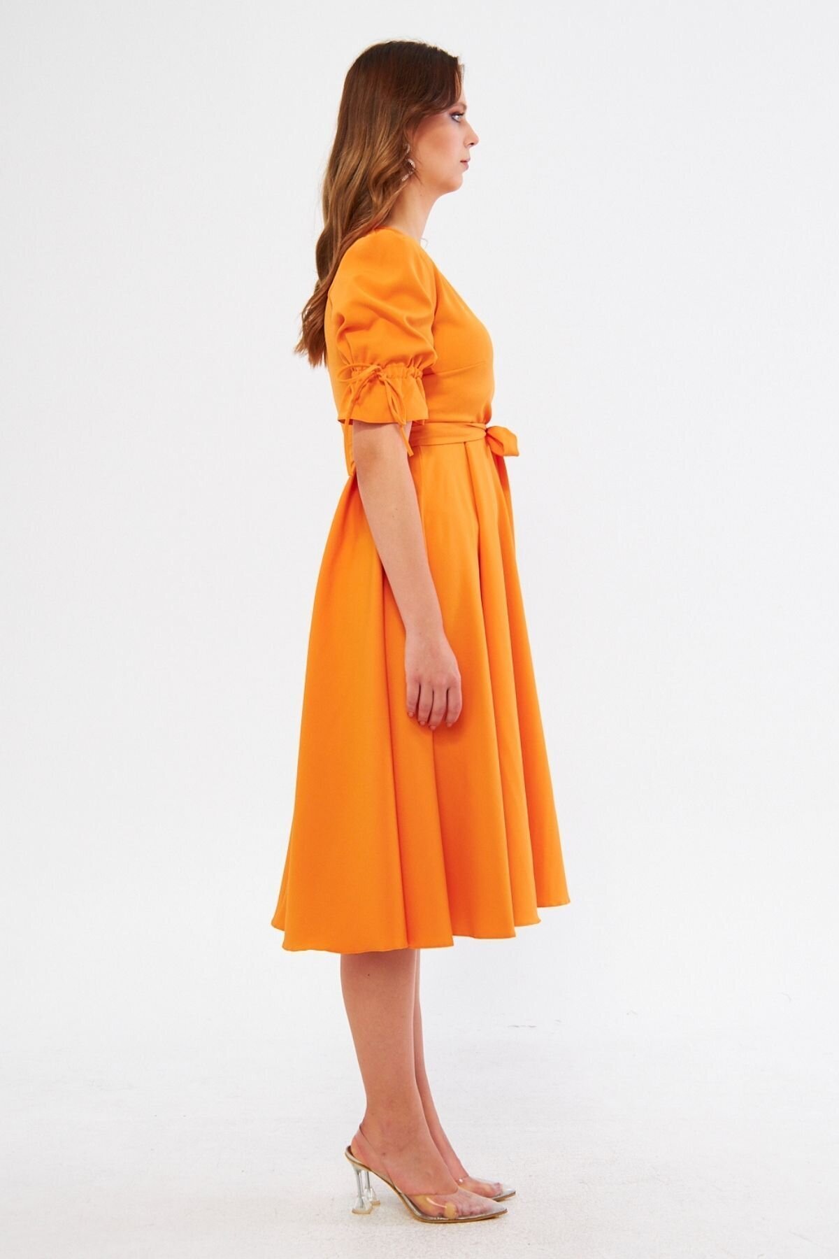 Midi Belted Wrap Dress with Shirred Elasticated Sleeves - Orange - Bidoluelbise