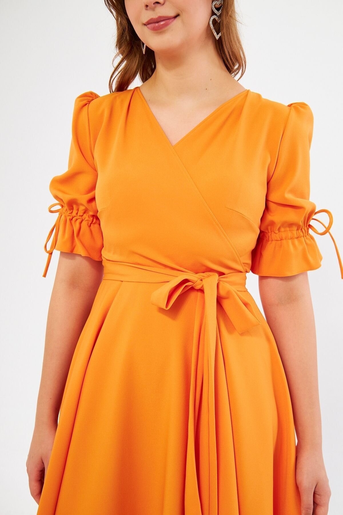 Midi Belted Wrap Dress with Shirred Elasticated Sleeves - Orange - Bidoluelbise