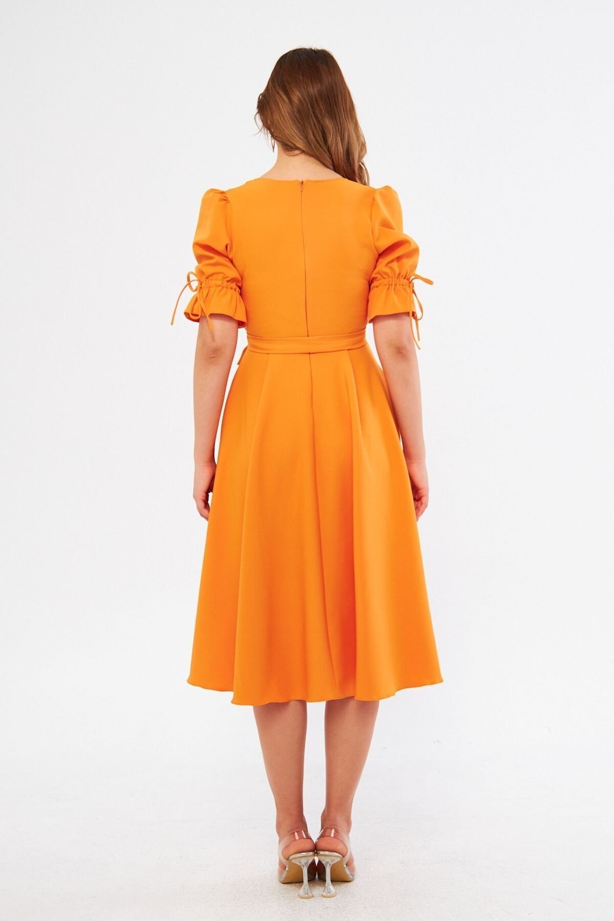 Midi Belted Wrap Dress with Shirred Elasticated Sleeves - Orange - Bidoluelbise