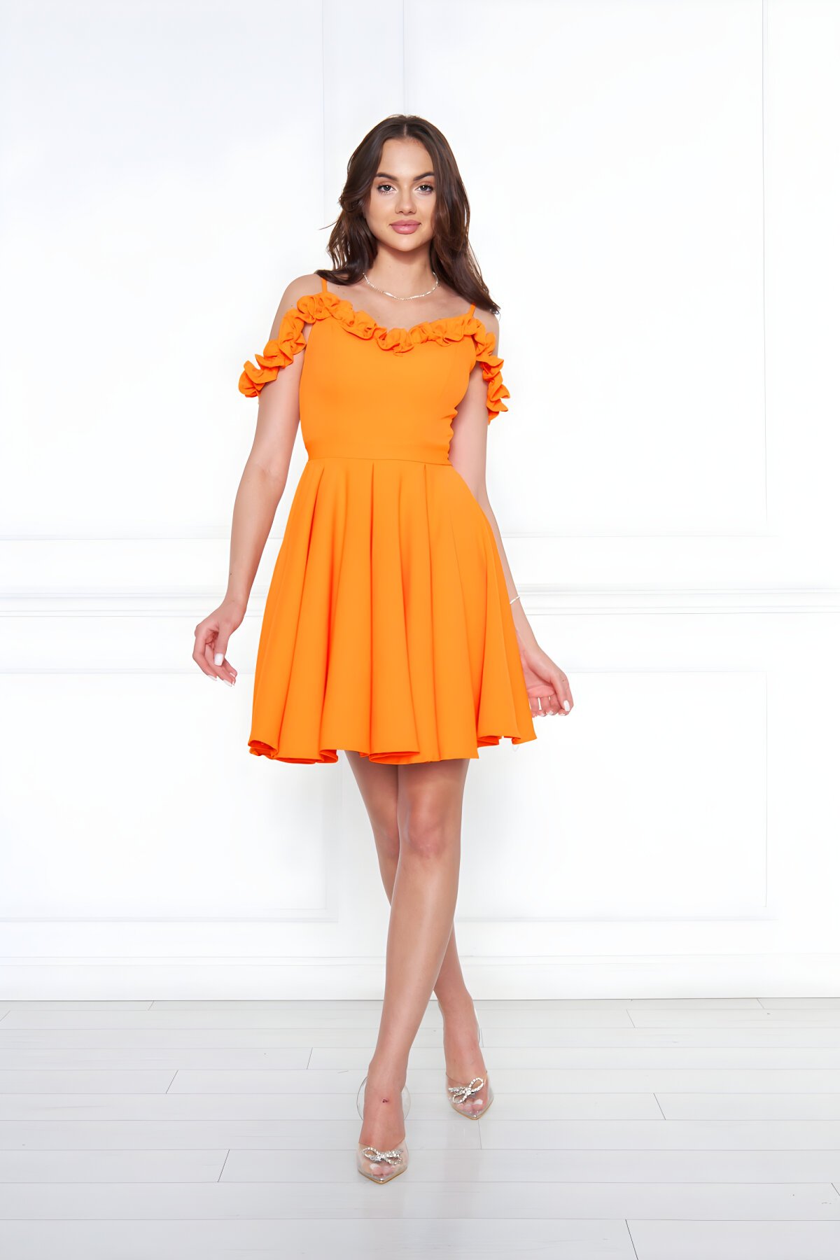 Mini Flared Pleated Ruffle-Detail Evening Dress - Orange - Bidoluelbise