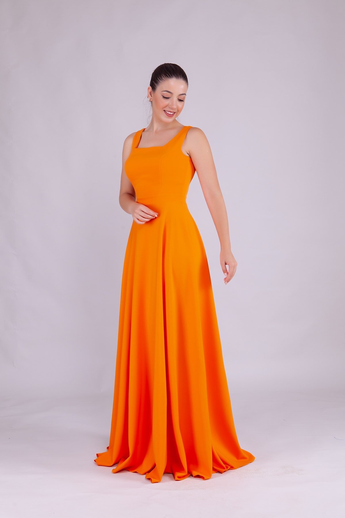 Long Square Neck Evening Dress - Orange - Bidoluelbise