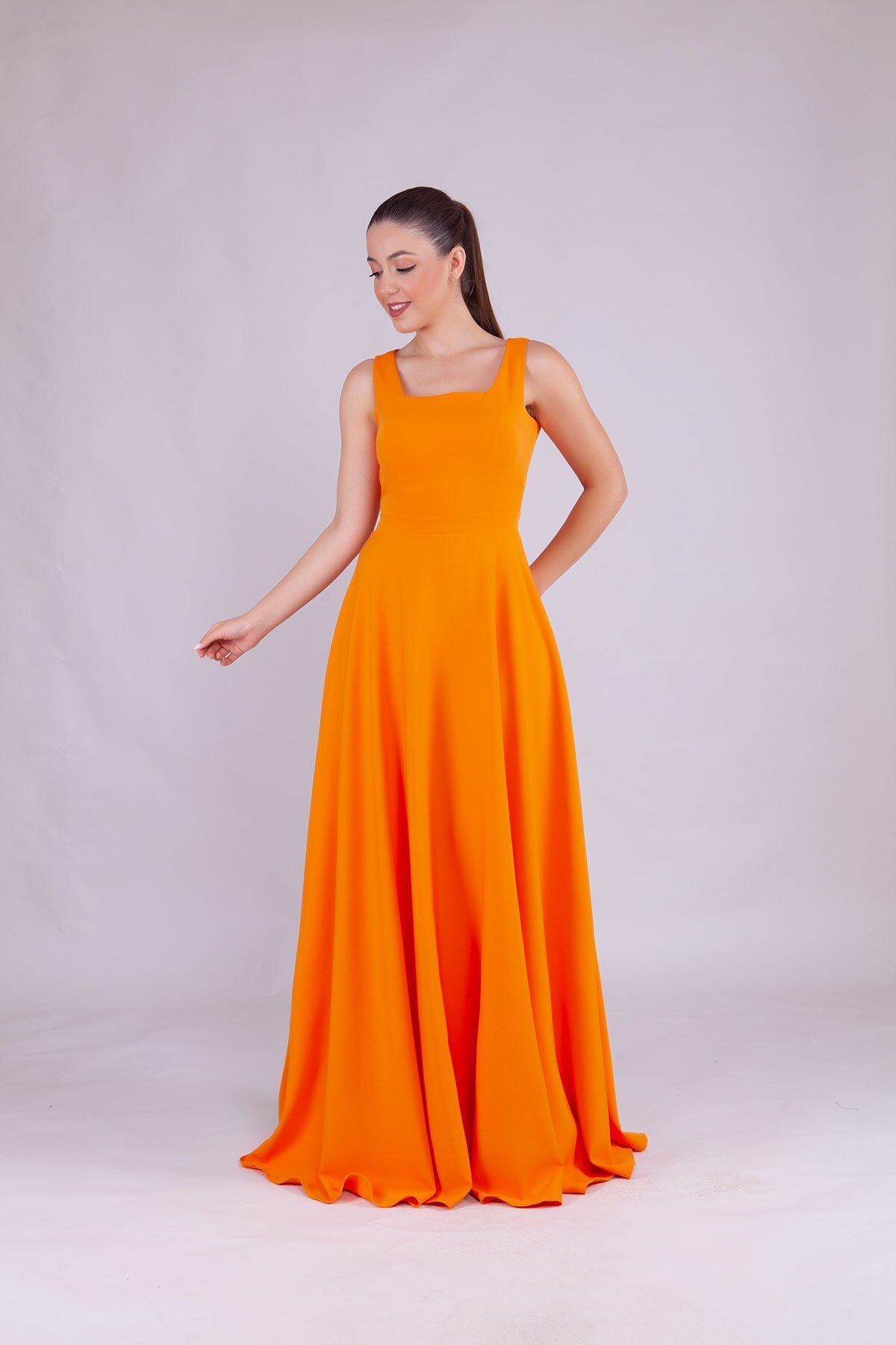Long Square Neck Evening Dress - Orange - Bidoluelbise