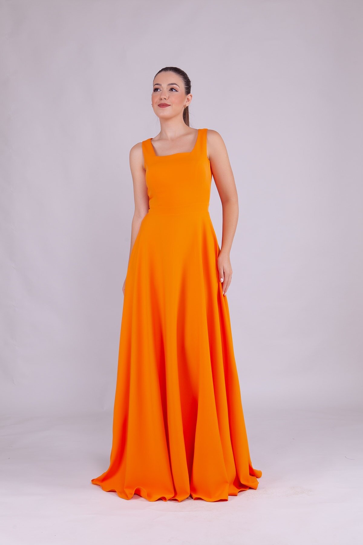 Long Square Neck Evening Dress - Orange - Bidoluelbise
