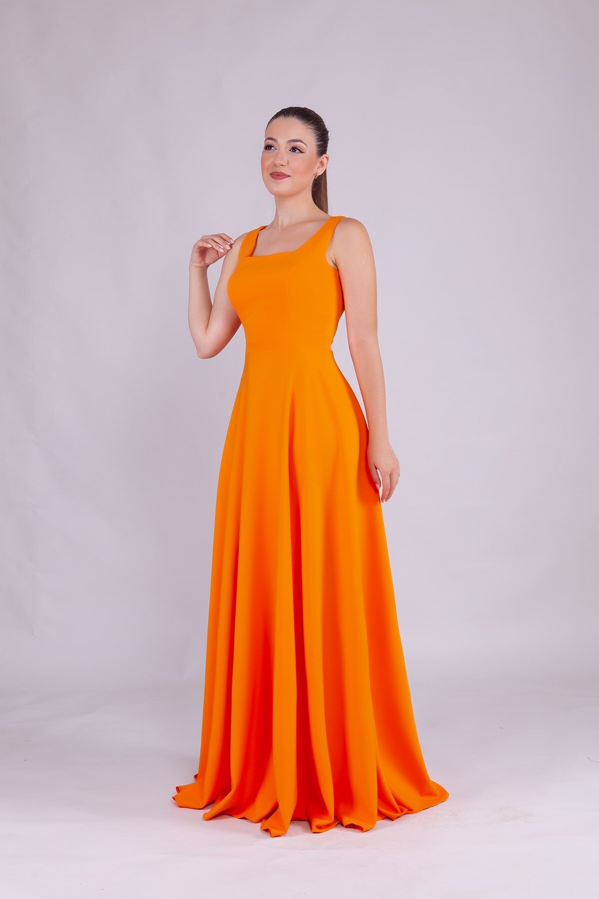 Long Square Neck Evening Dress - Orange - Bidoluelbise
