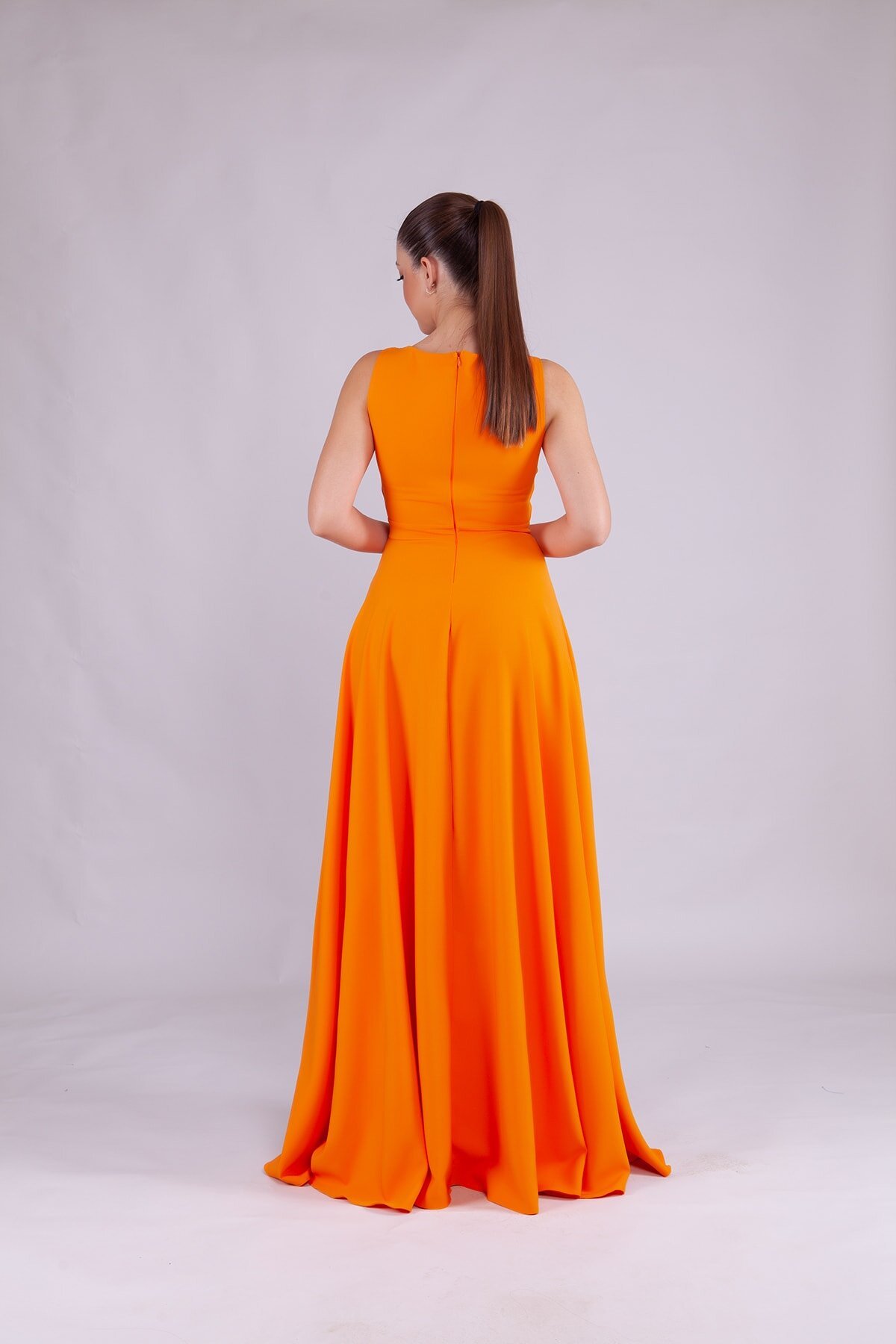 Long Square Neck Evening Dress - Orange - Bidoluelbise